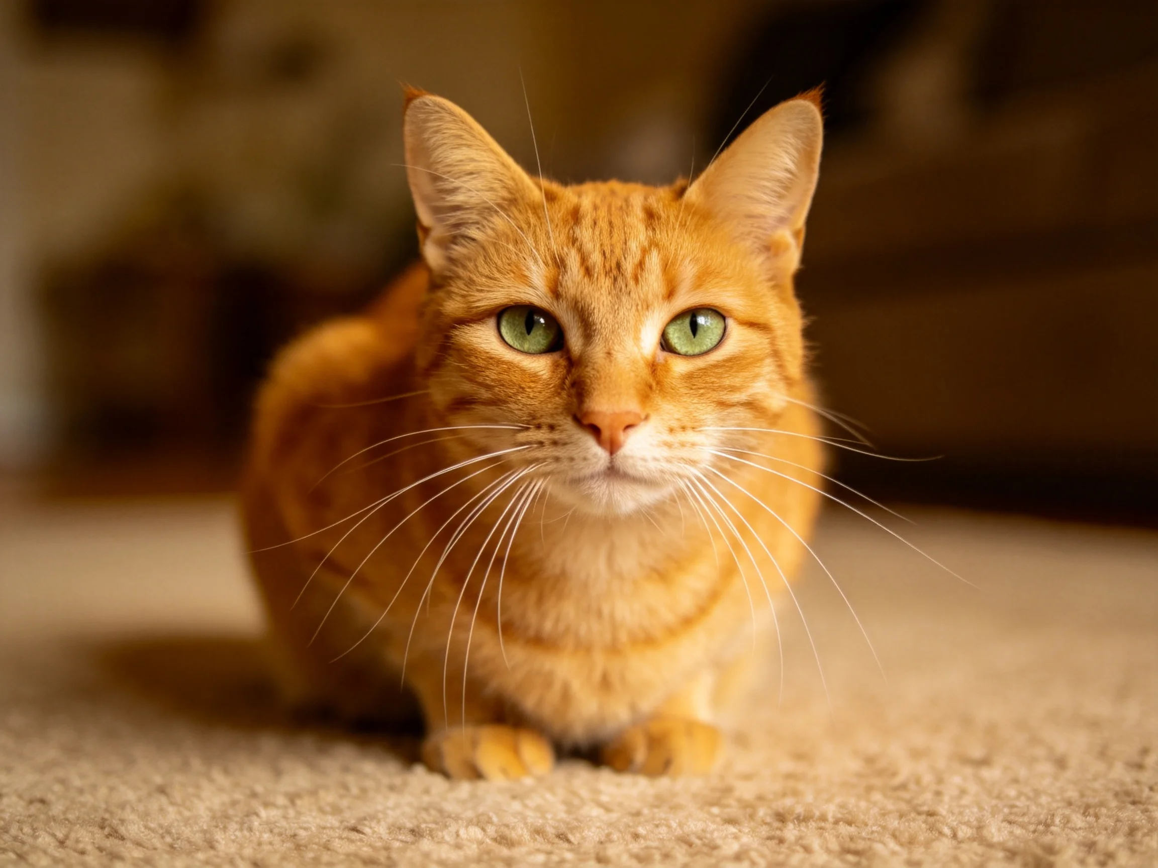 A single orange tabby cat with green eyes sits on a beige carpet.