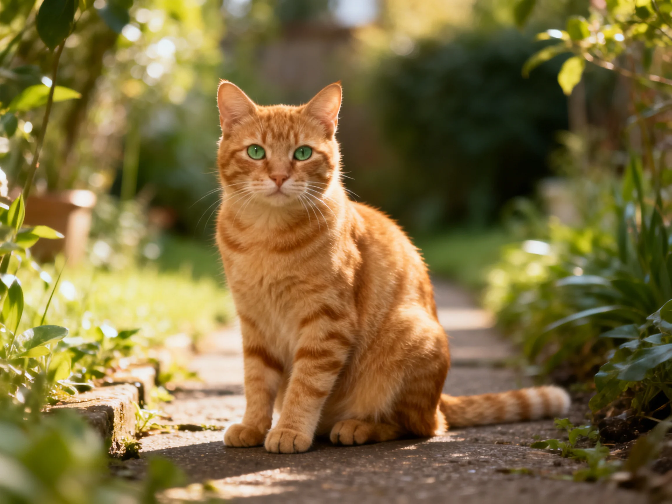 An orange tabby cat with green eyes sits calmly on a sunlit garden path.