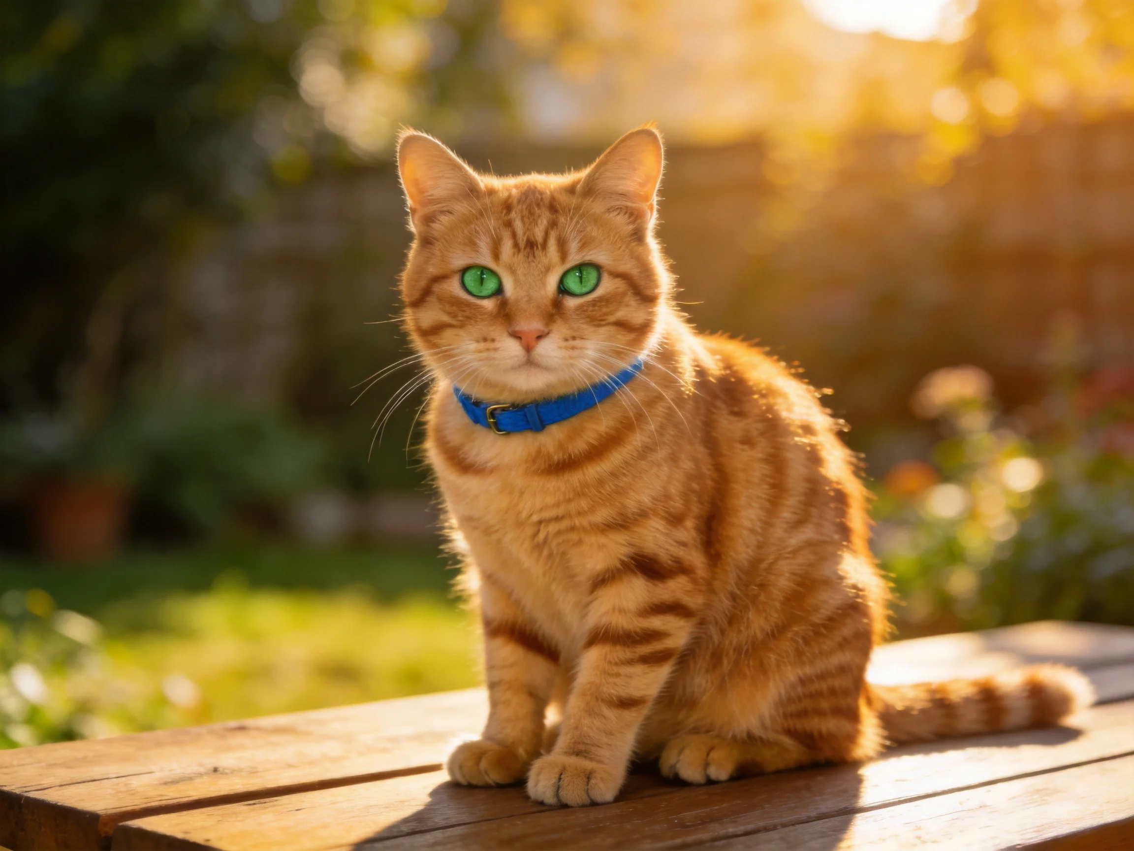 An orange tabby cat with green eyes sits on a wooden surface in a sunlit garden.