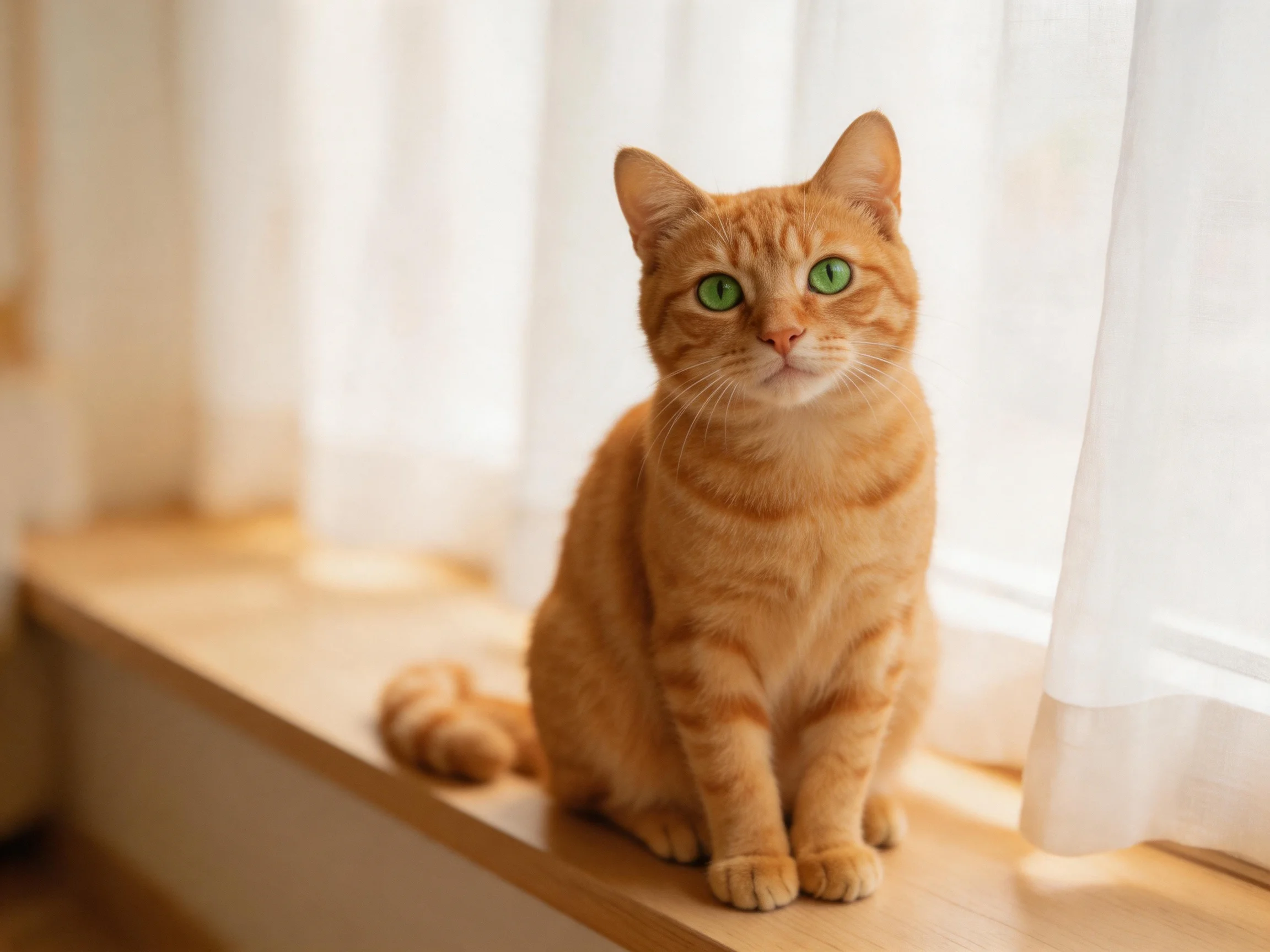 An orange tabby cat sits calmly on a wooden windowsill near white curtains.