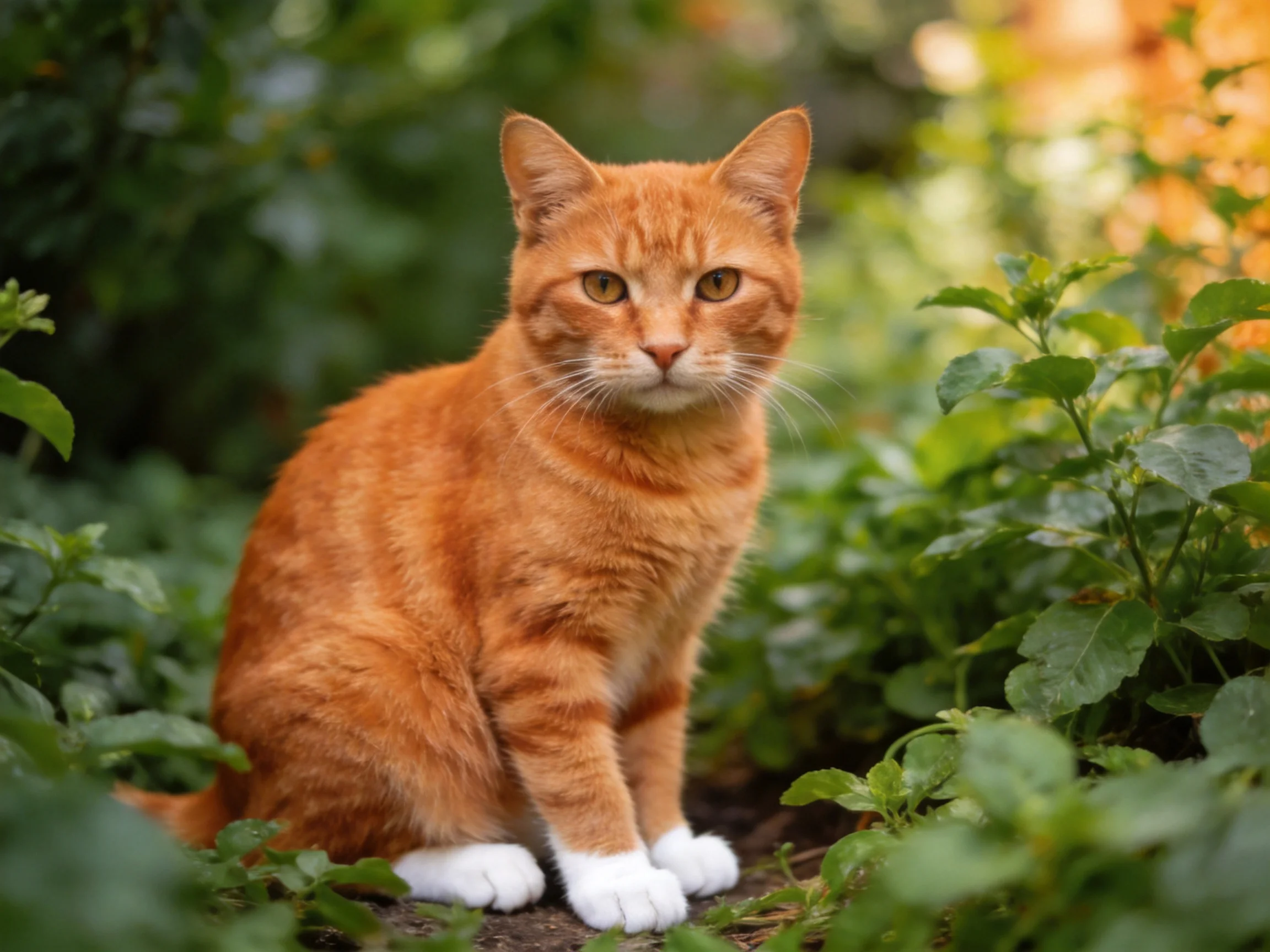 An orange tabby cat rests among dense green plants in a sunlit area.