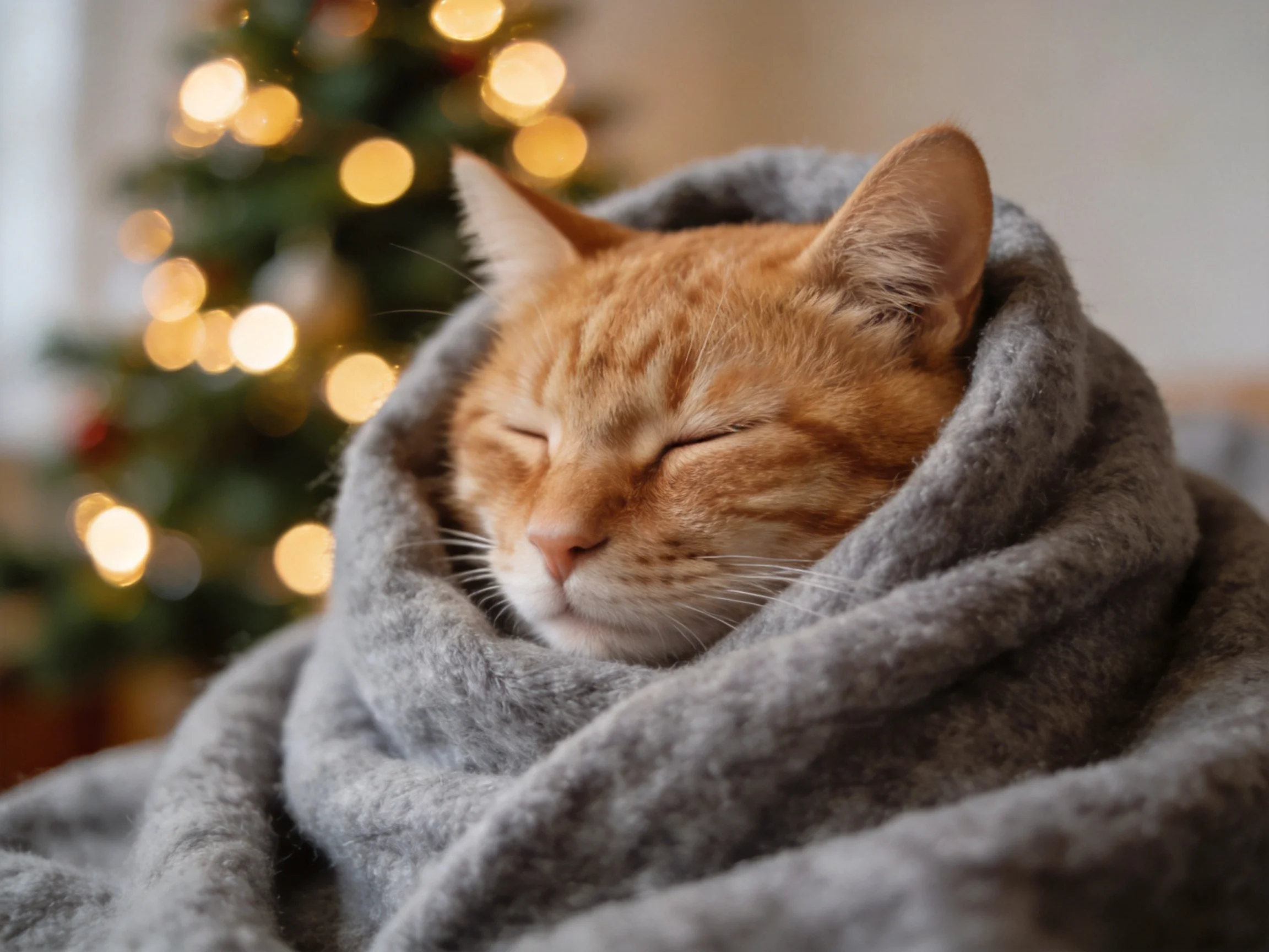 An orange cat rests wrapped in a blanket beside a lit Christmas tree.