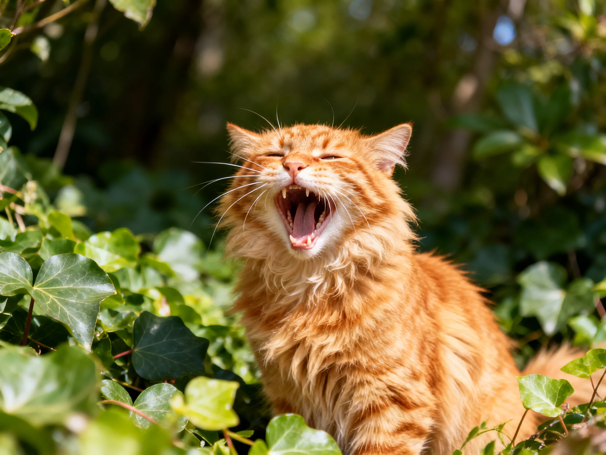 A fluffy orange tabby cat yawns surrounded by dense greenery in sunlight