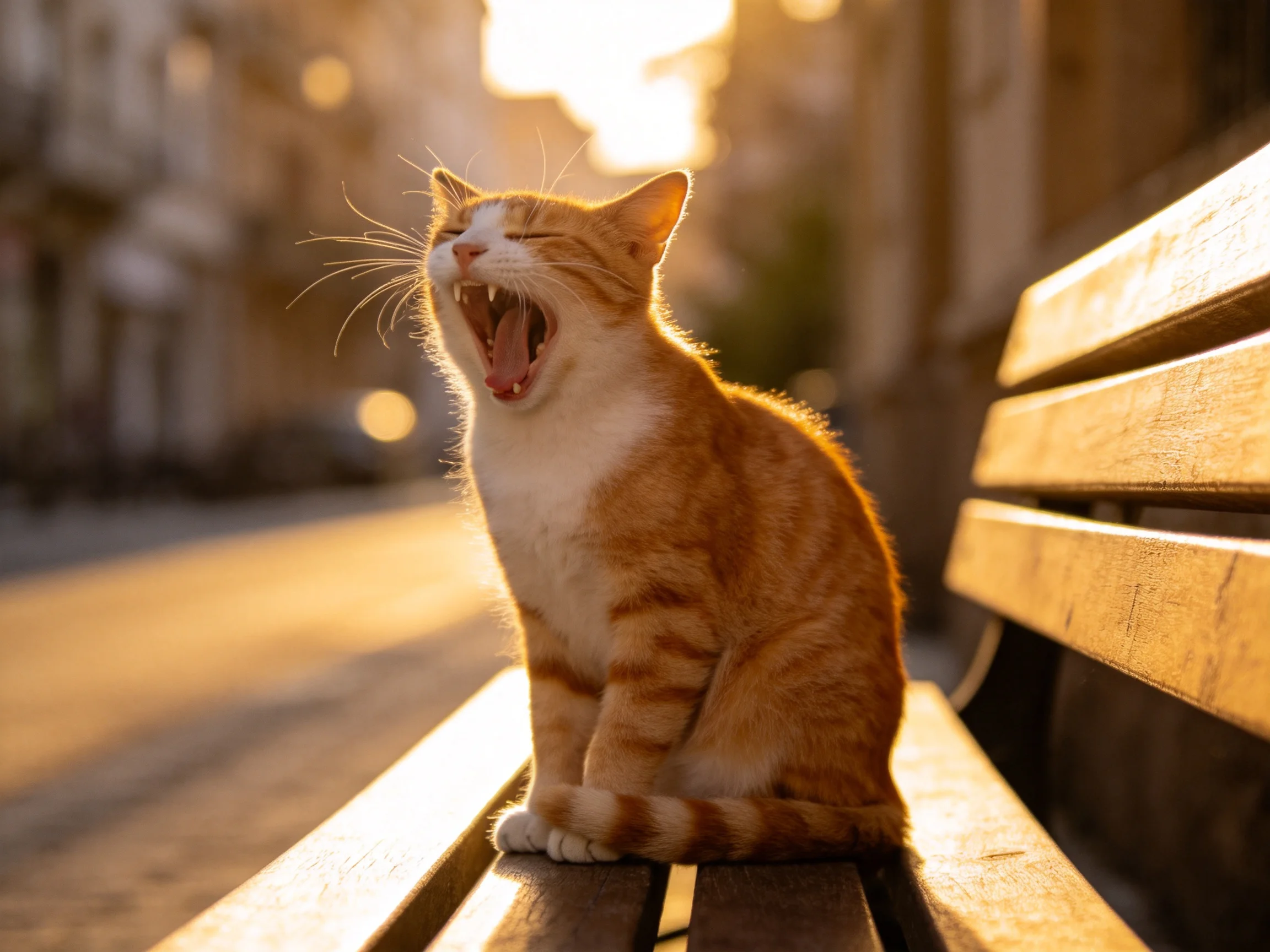 An orange tabby cat yawns while sitting on a wooden bench outdoors.