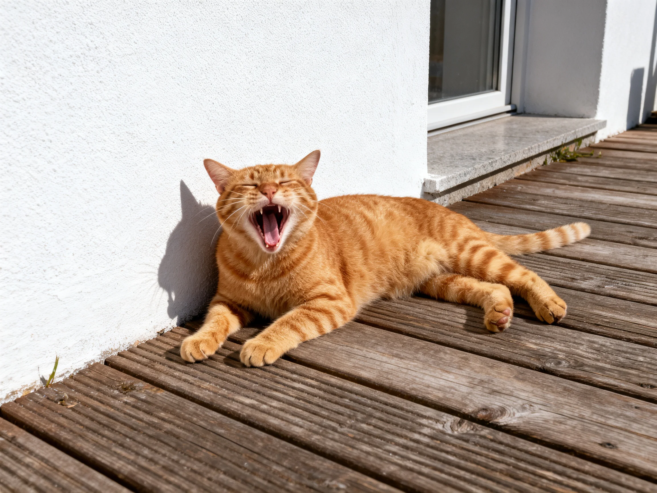 An orange tabby cat yawning on a wooden deck near a white wall