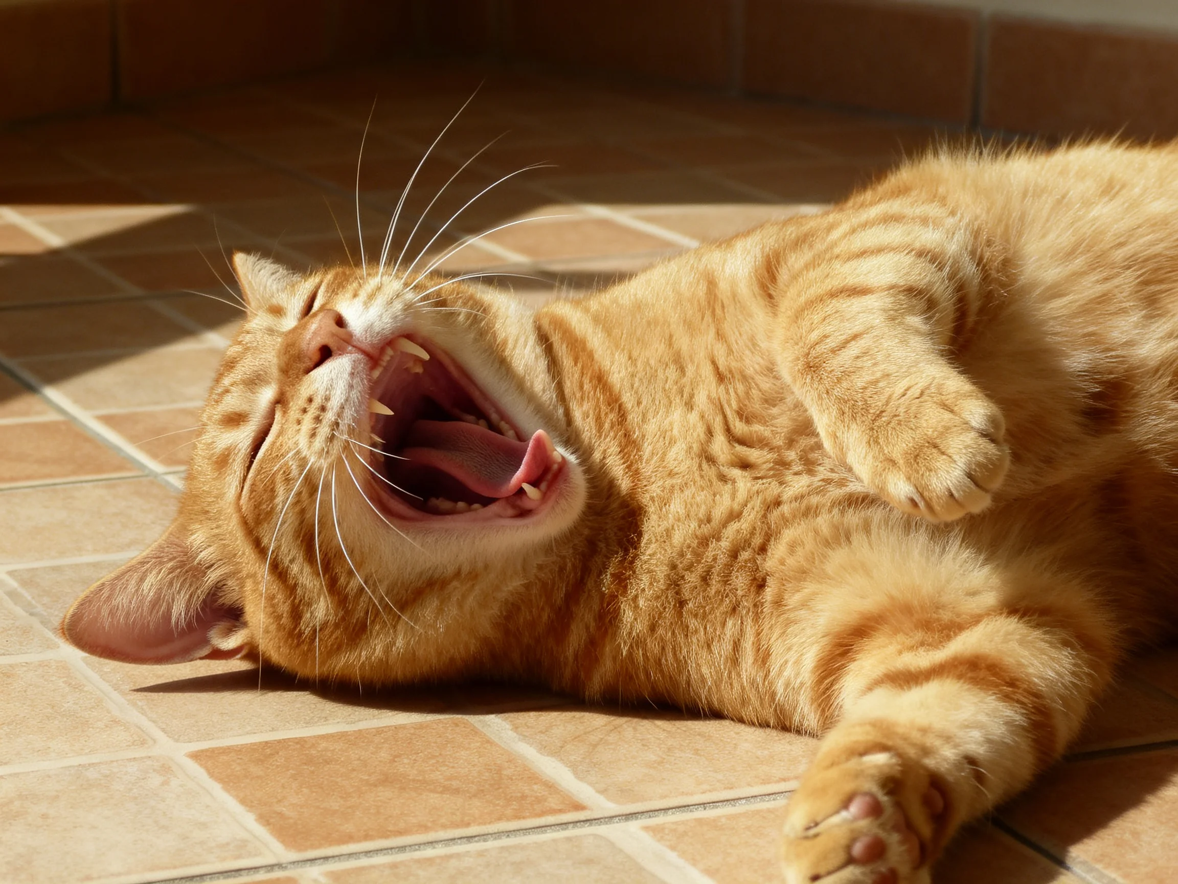 An orange tabby cat lies on tiled flooring, yawning widely in sunlight.