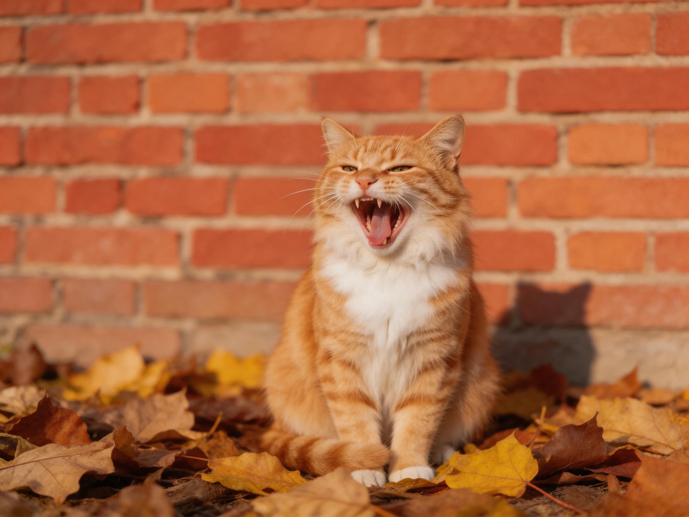An orange tabby cat yawns amid fallen autumn leaves near a red brick wall