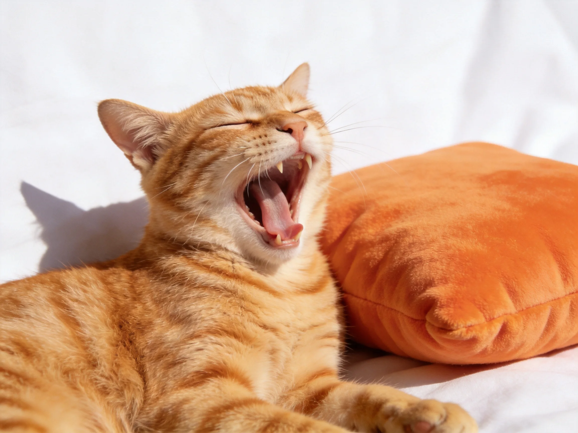An orange tabby cat yawns beside a plush orange pillow on white fabric