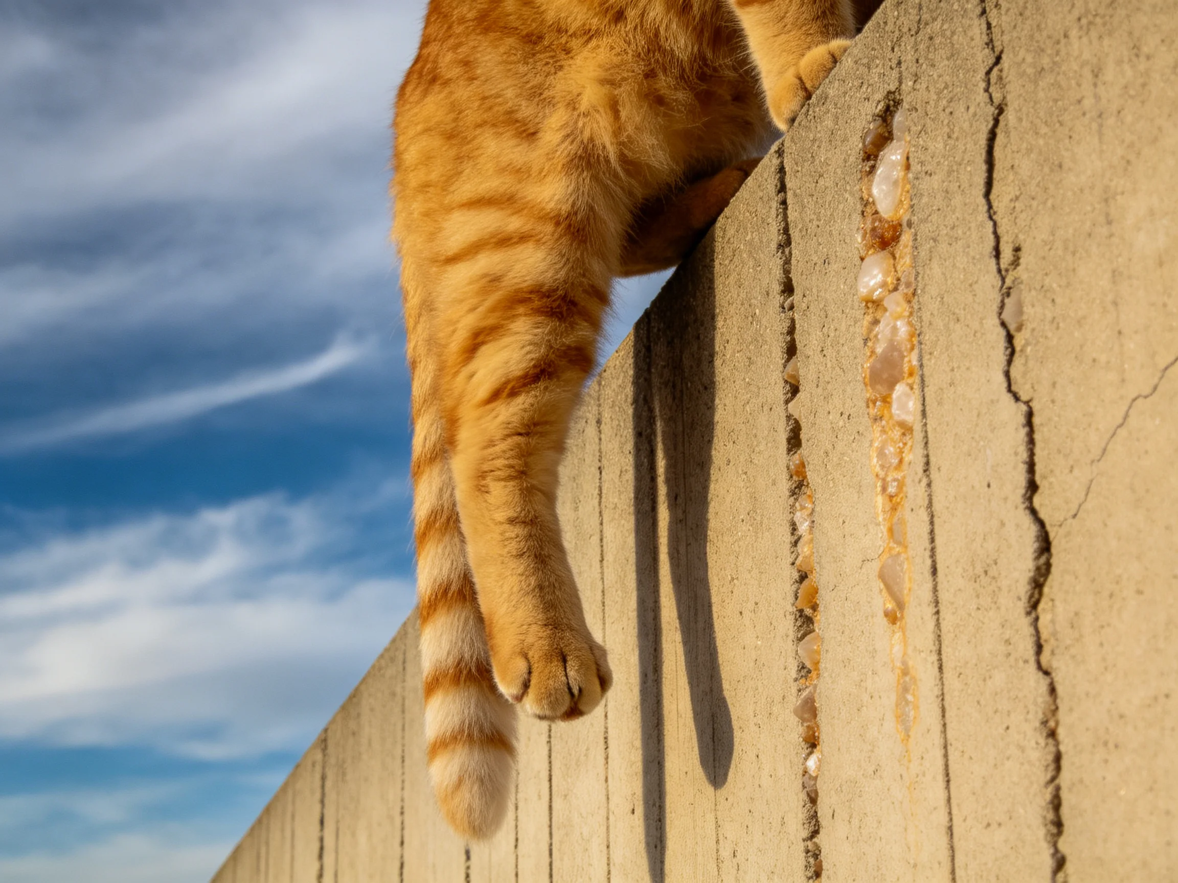An orange tabby cat’s tail dangles from a weathered concrete wall beneath a bright blue sky
