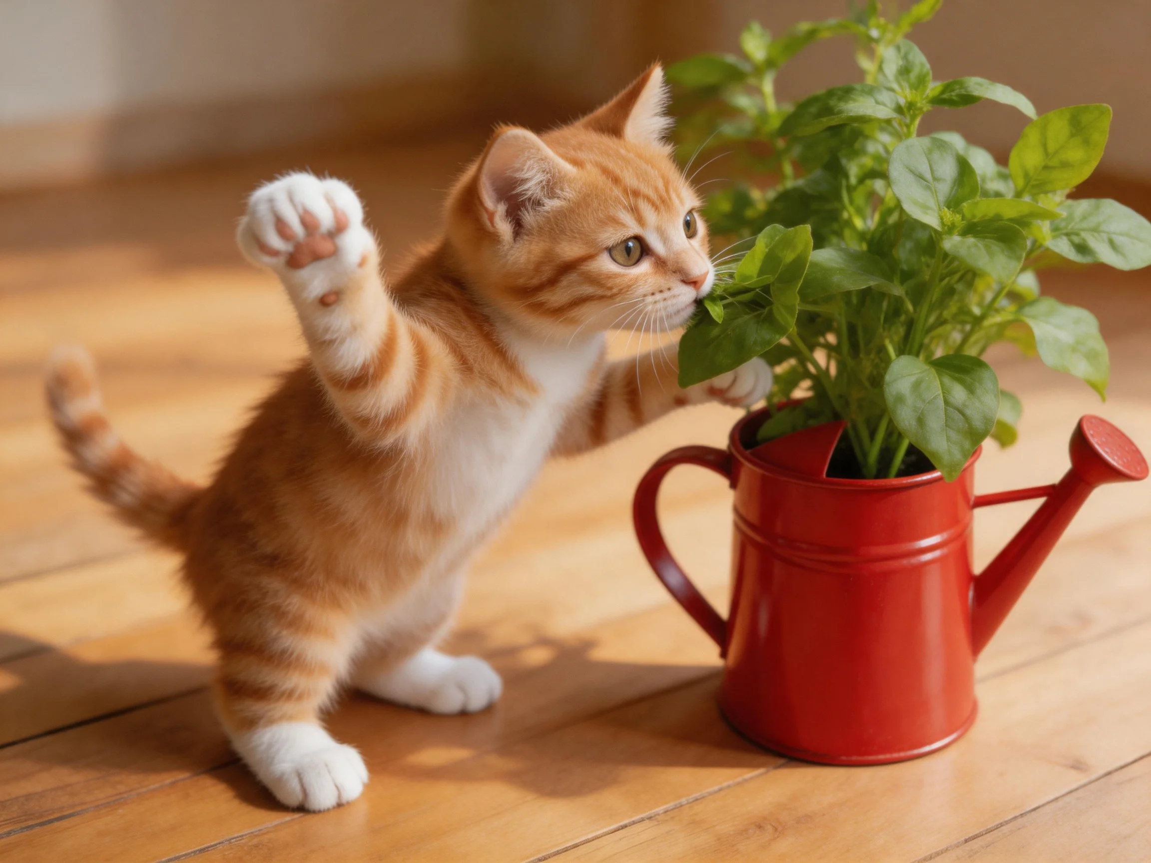 An orange tabby kitten interacts with a red watering can holding green plants