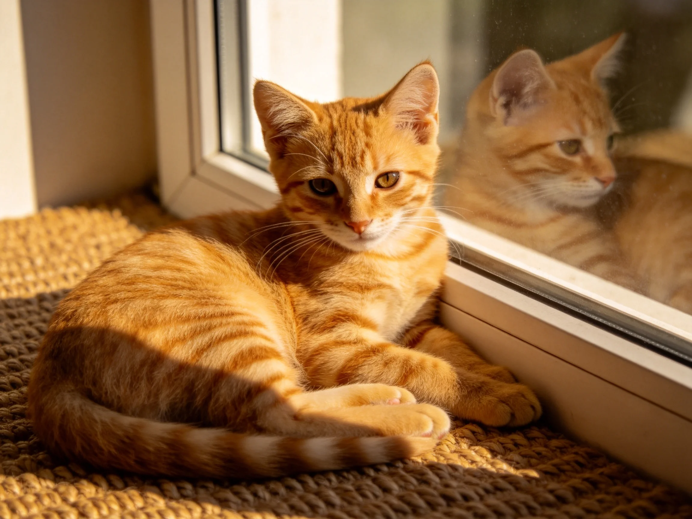 An orange tabby kitten relaxes by a sunlit window with its reflection