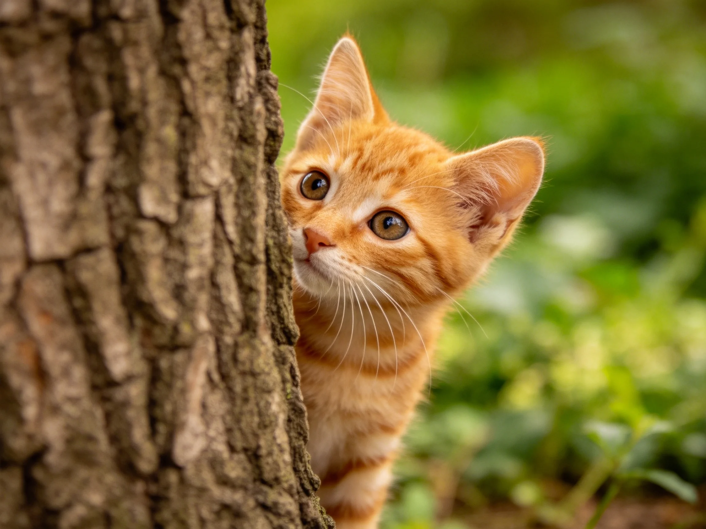 An orange tabby kitten peeks from behind a textured tree trunk