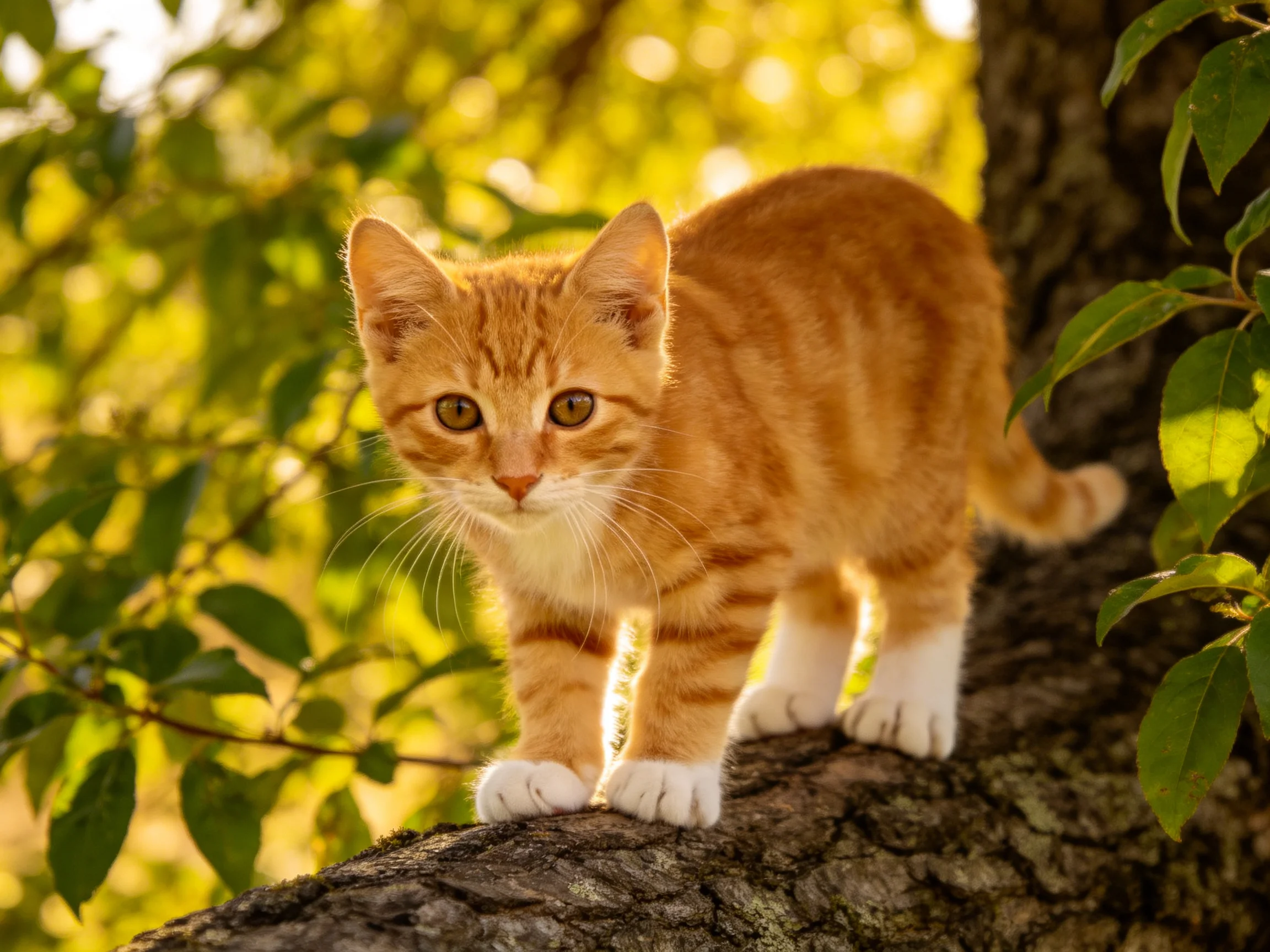 An orange tabby kitten stands on a tree trunk surrounded by vibrant green leaves.