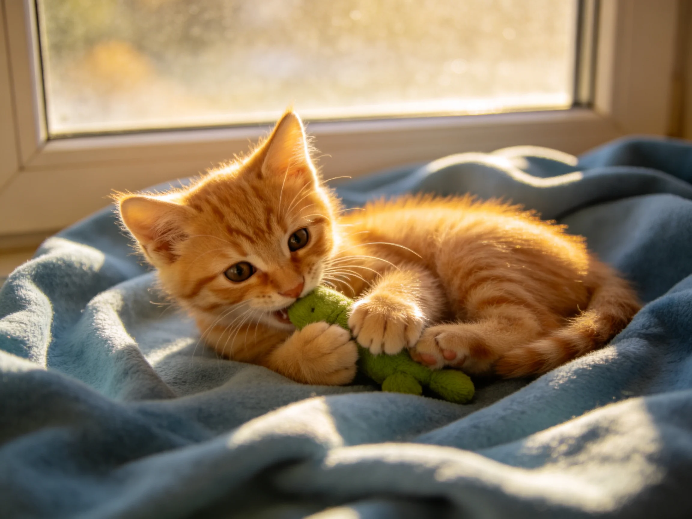 An orange tabby kitten plays with a green toy on a blue blanket by a sunlit window.