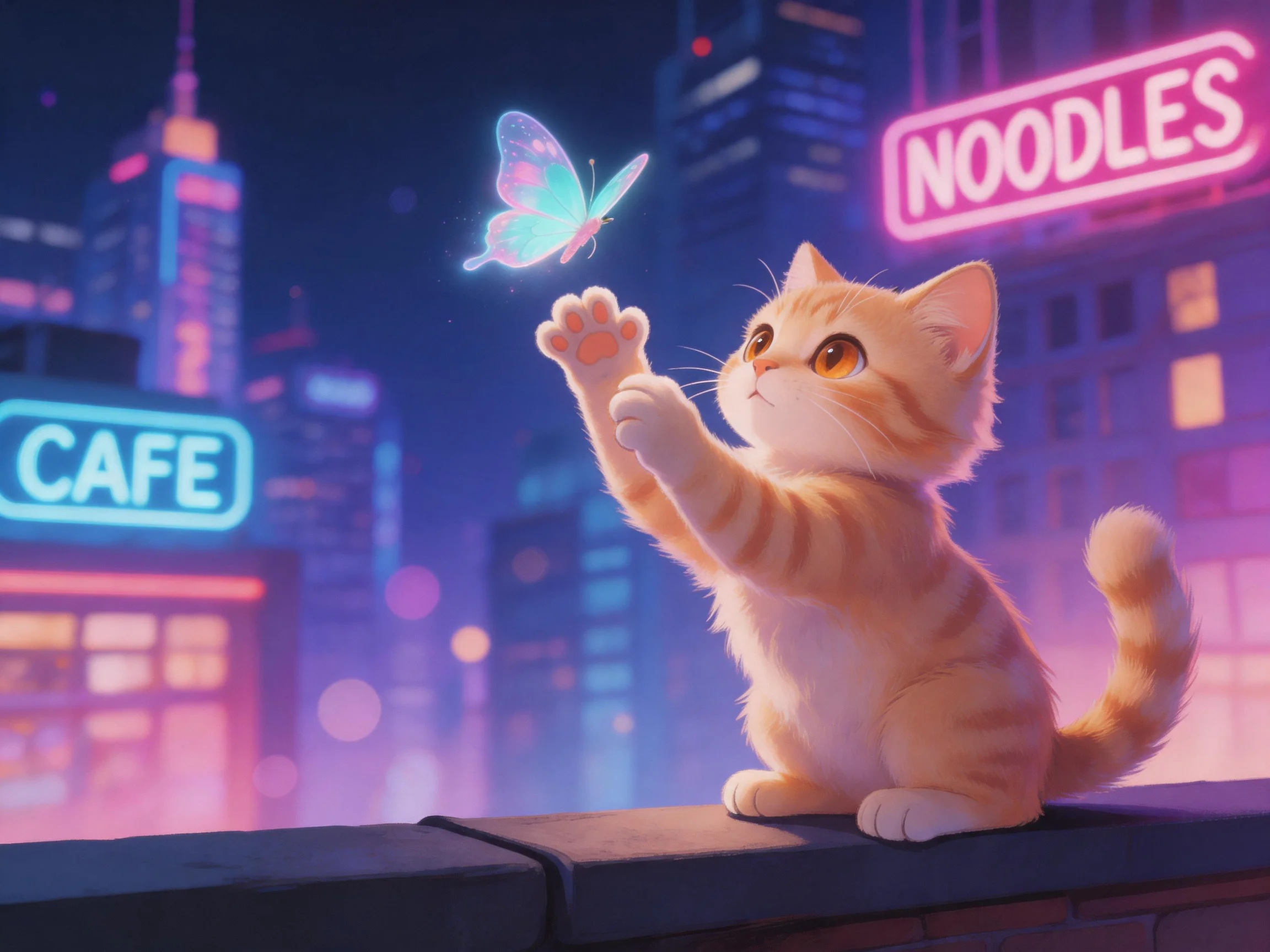An orange tabby kitten reaches toward a glowing blue butterfly near neon-lit buildings