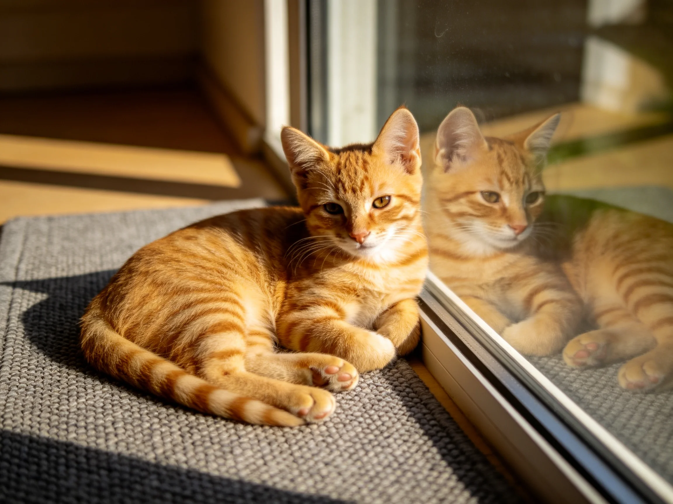 An orange tabby kitten rests by a glass door with its reflection visible.