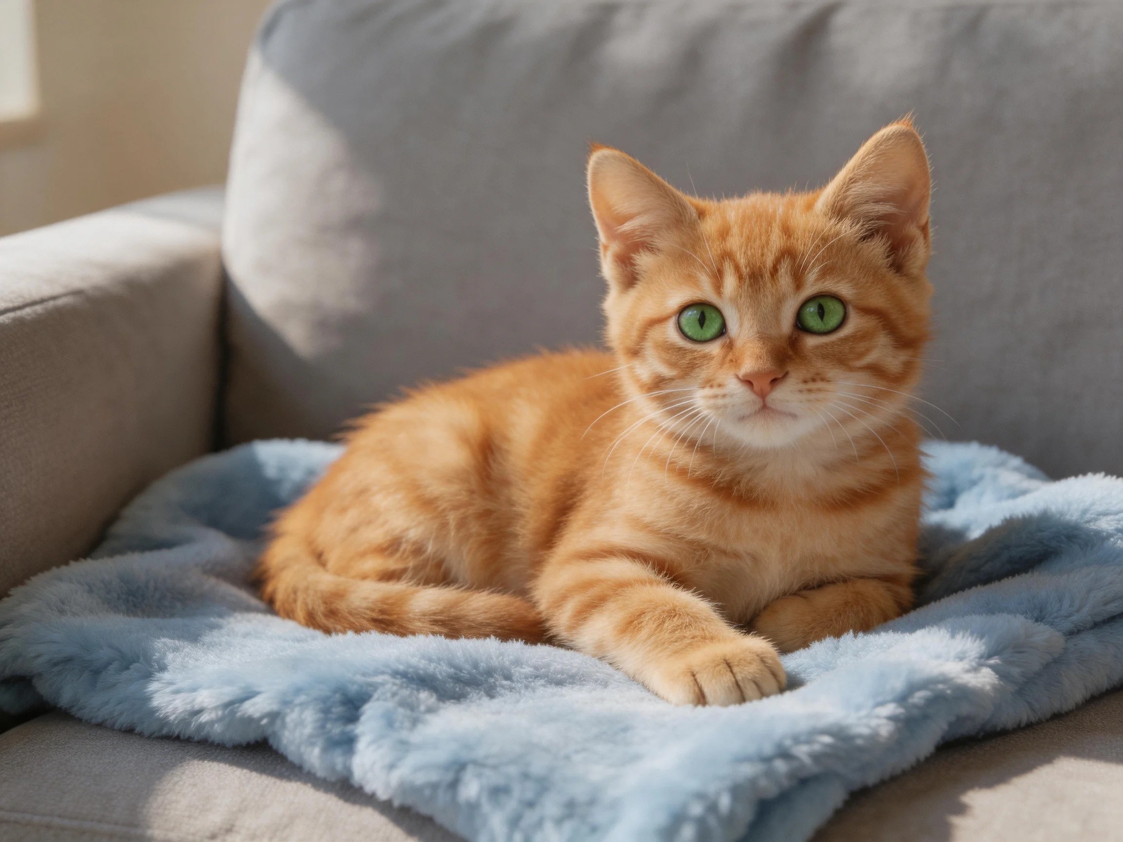 An orange tabby kitten relaxes on a blue blanket on a gray couch