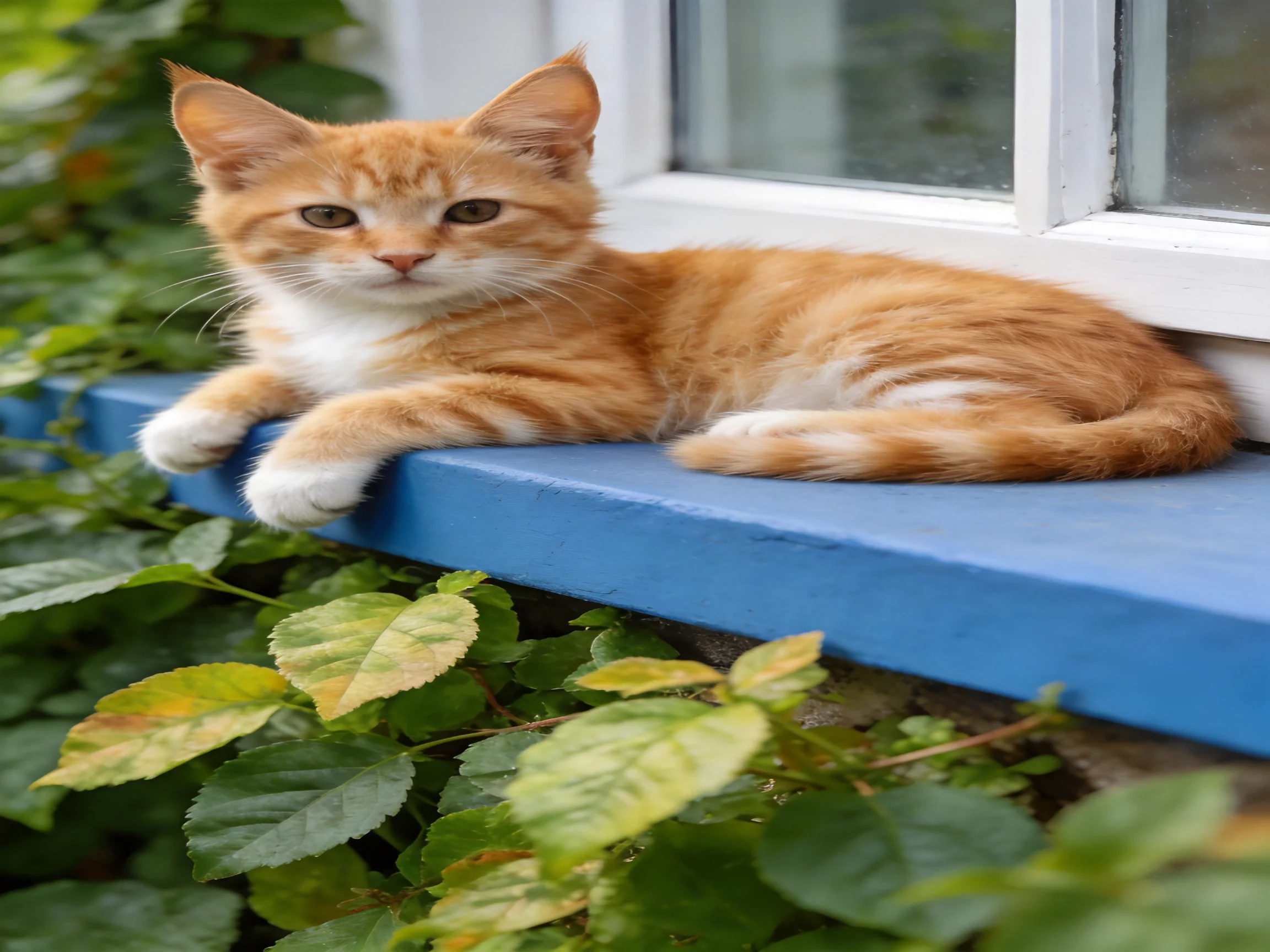 An orange tabby kitten rests on a bright blue windowsill amid lush green foliage