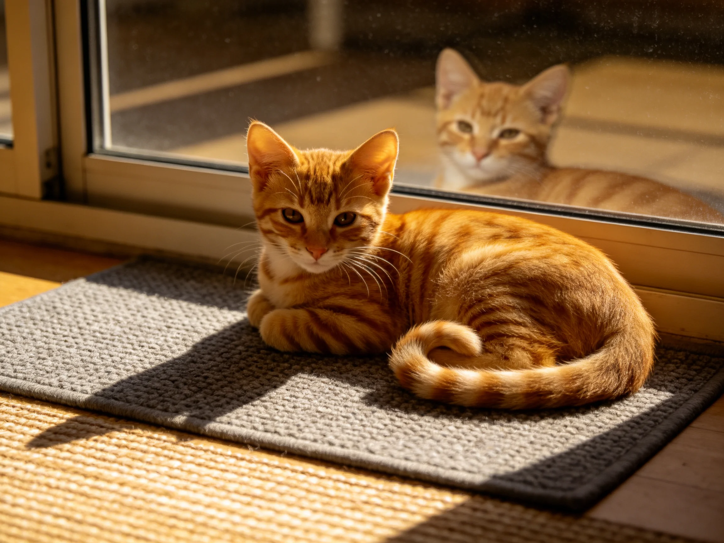 An orange tabby kitten rests on a textured mat beside a glass door with a reflected cat.