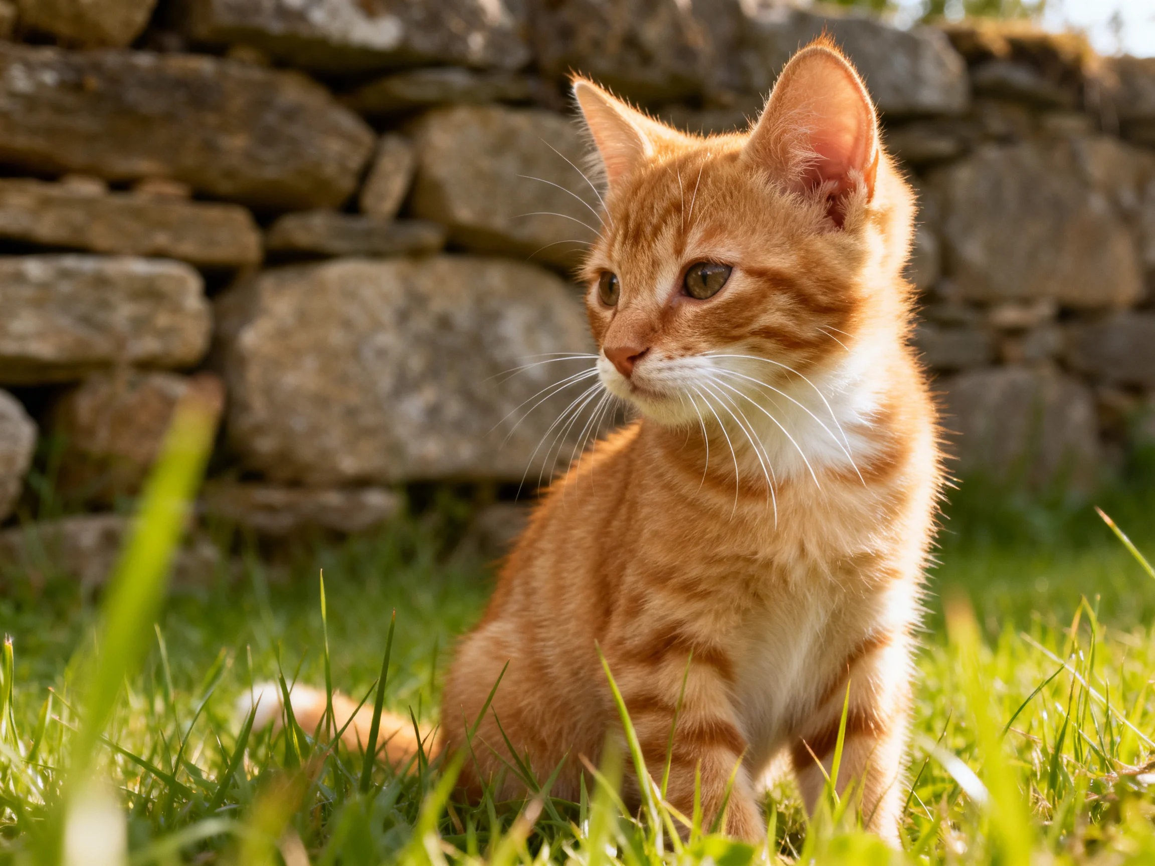 An orange tabby kitten sits in green grass by a stone wall.