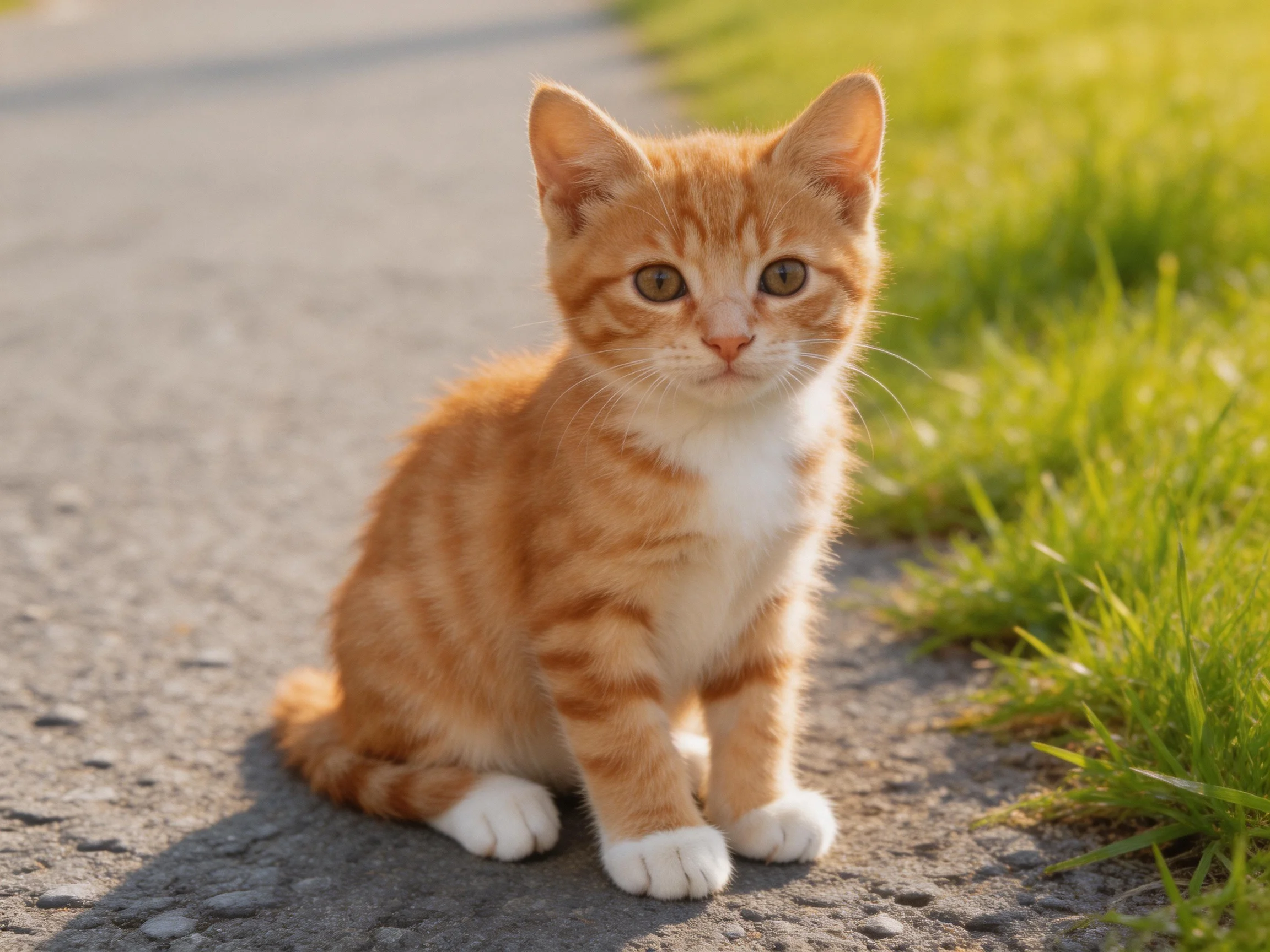 An orange tabby kitten sits on a paved path beside lush green grass