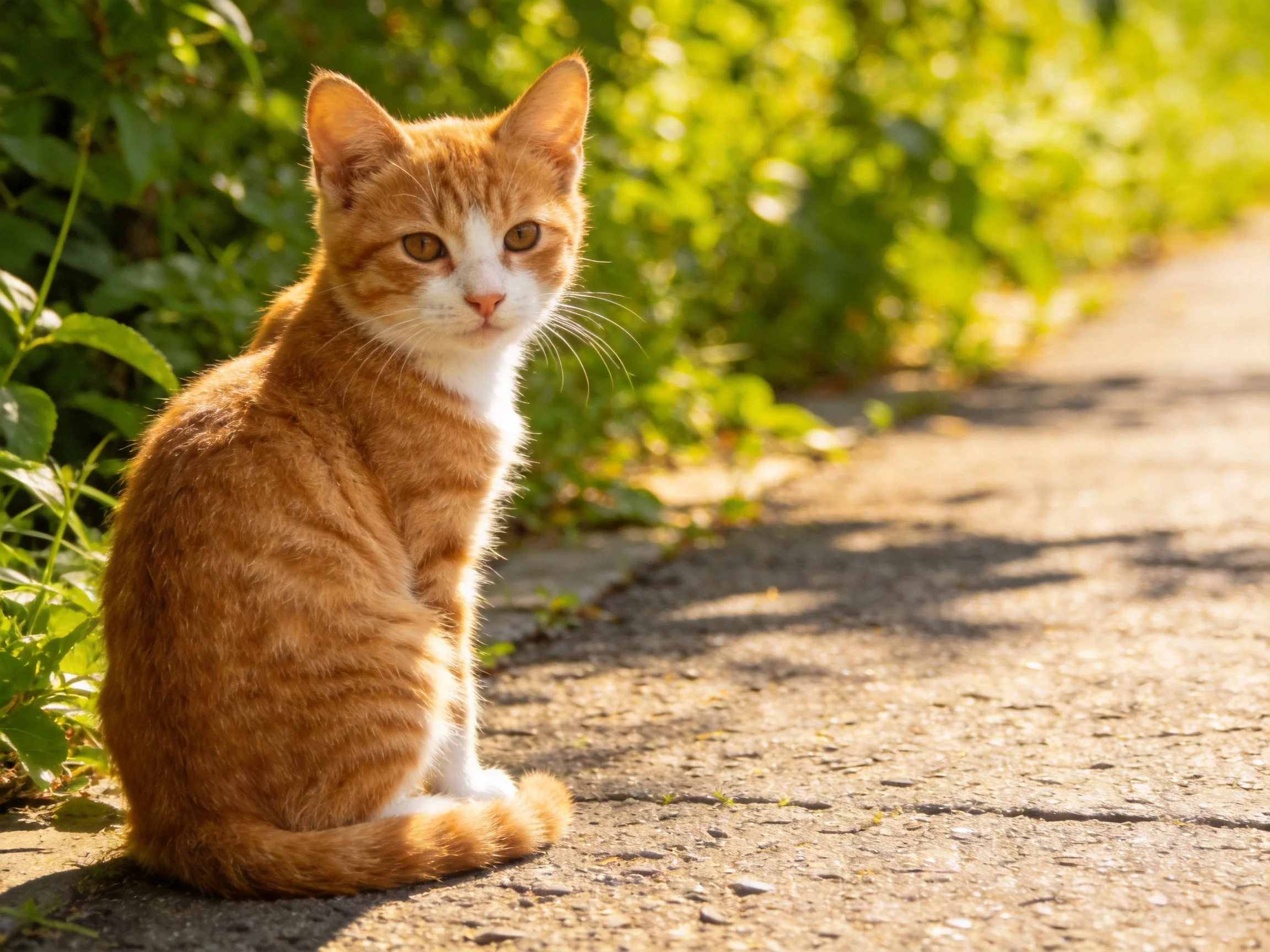 An orange tabby kitten sits on a sunlit concrete path near greenery.