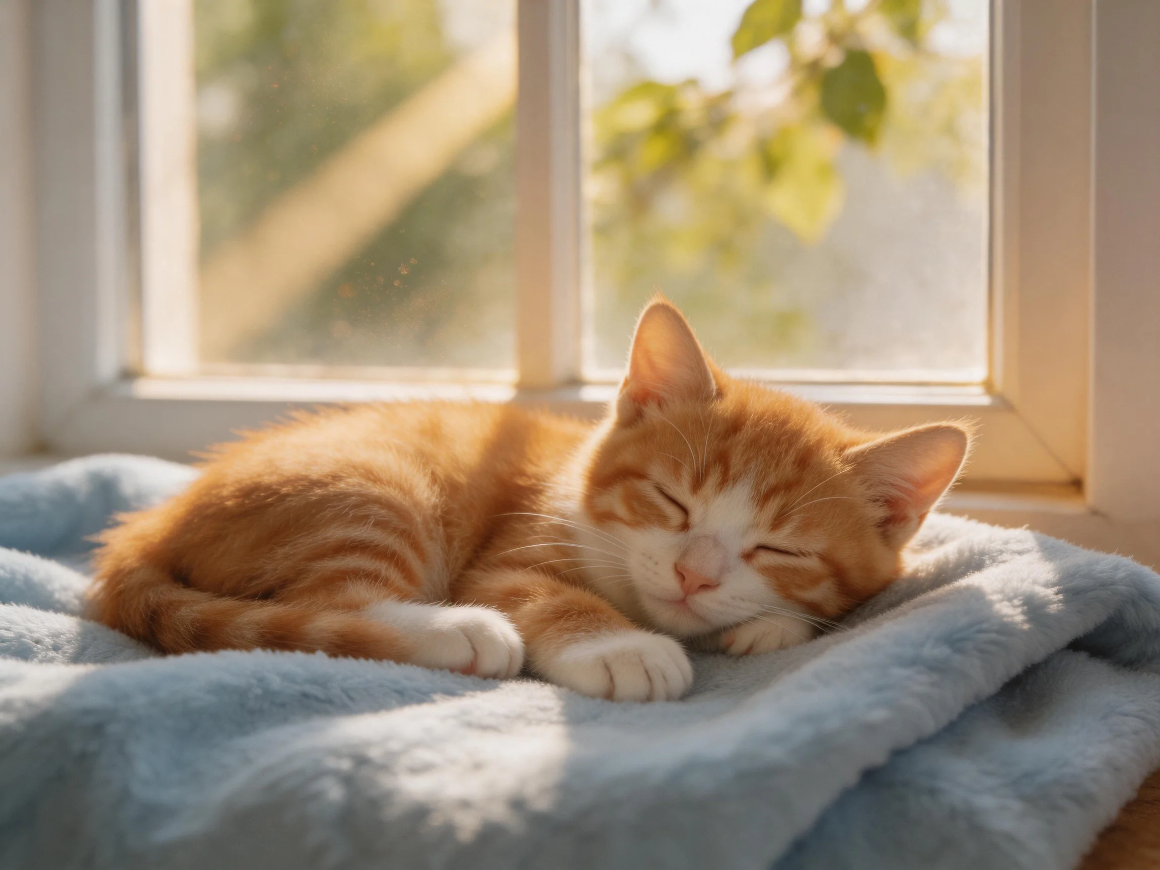 An orange tabby kitten sleeps on a soft blue blanket by a sunlit window