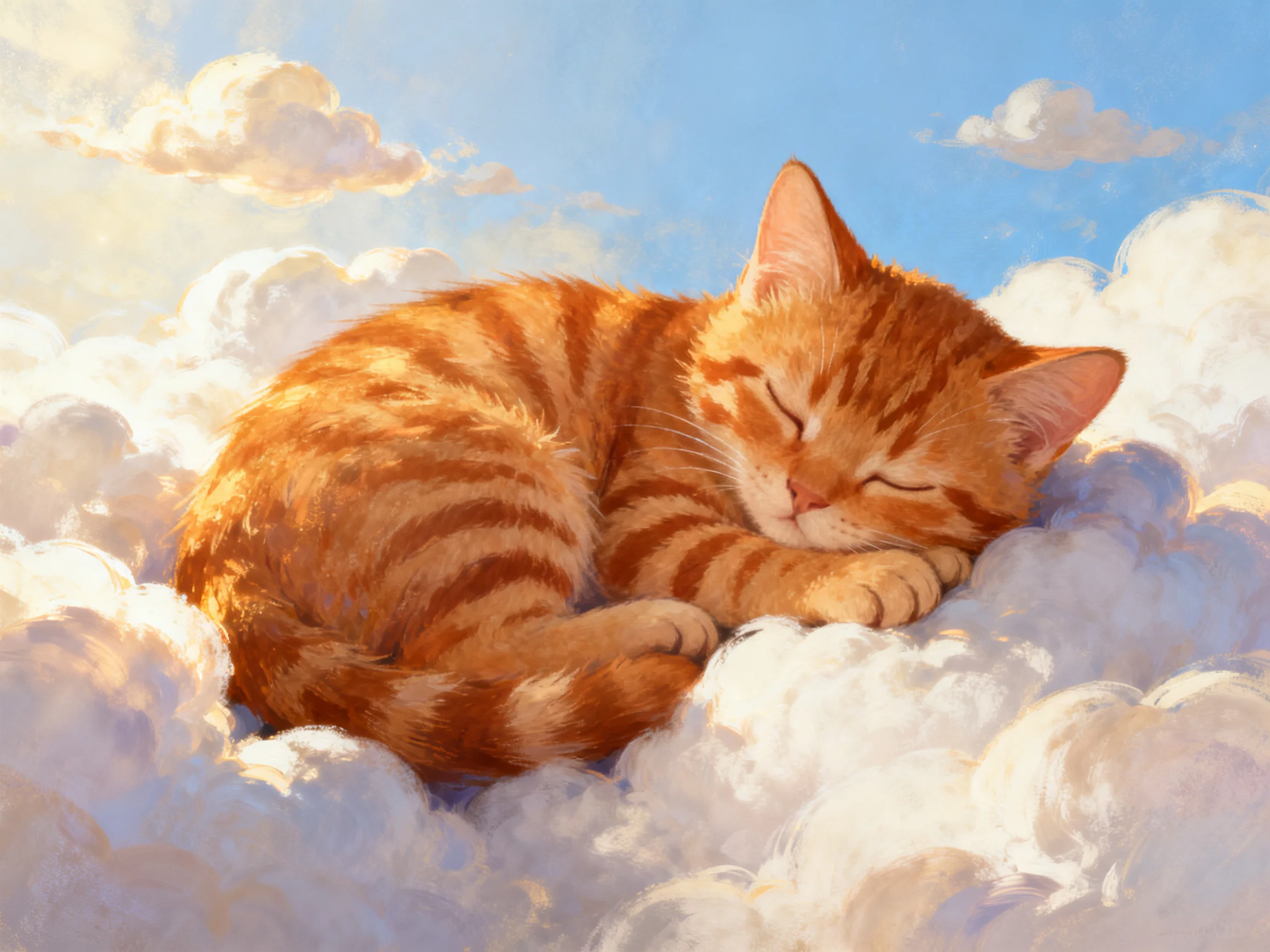 An orange tabby kitten sleeps on fluffy white clouds under sunny skies