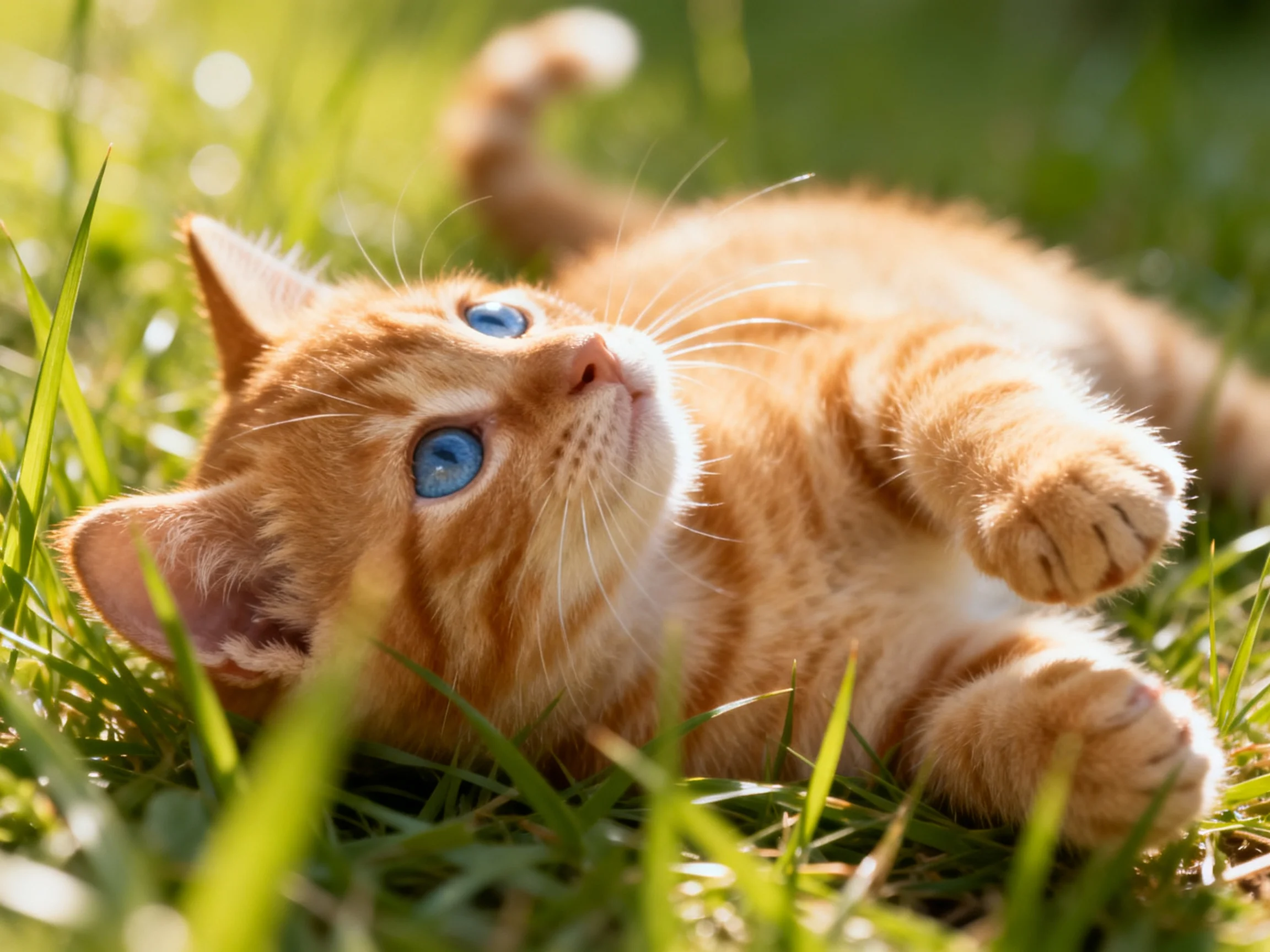 An orange tabby kitten relaxes on grass in sunlight.