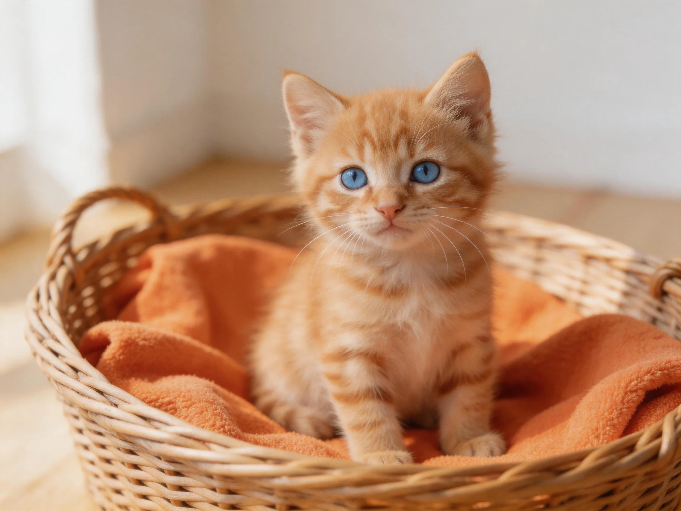 A small orange tabby kitten with blue eyes sits in a wicker basket