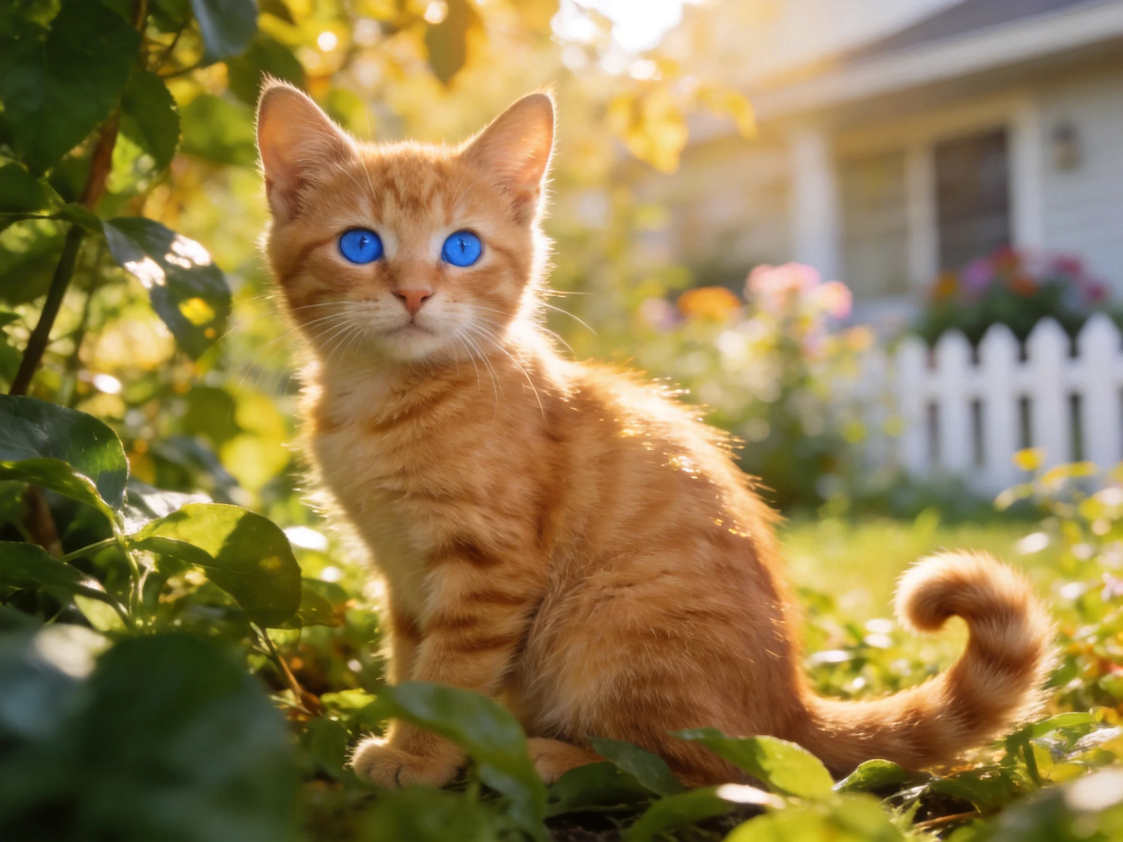 An orange tabby kitten with blue eyes relaxes in a sunlit garden filled with greenery.