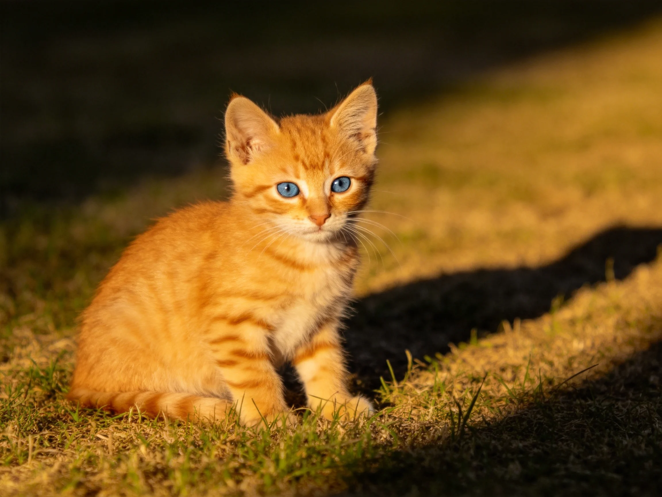 An orange tabby kitten with blue eyes sits on sunlit grass.