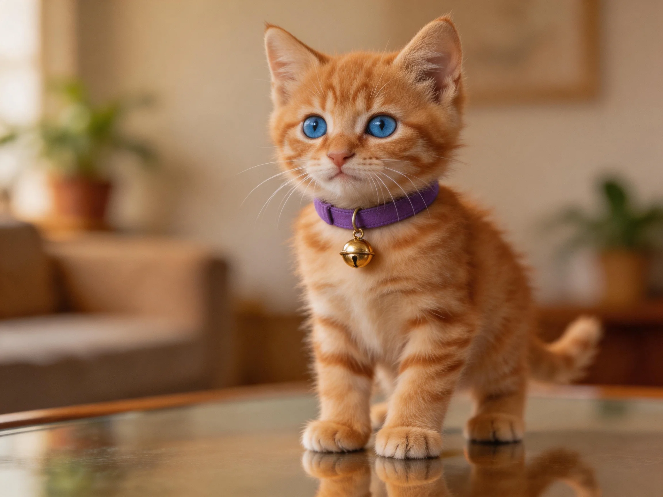 An orange tabby kitten stands on a glass table in a cozy living room