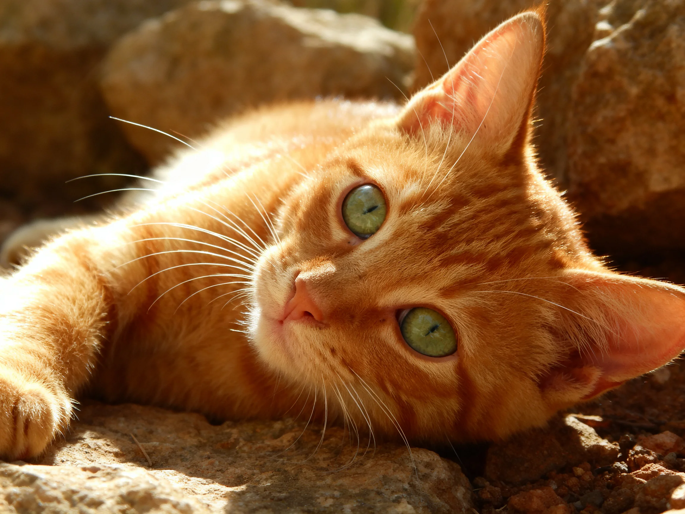 An orange tabby kitten with green eyes rests on sunlit rocks.