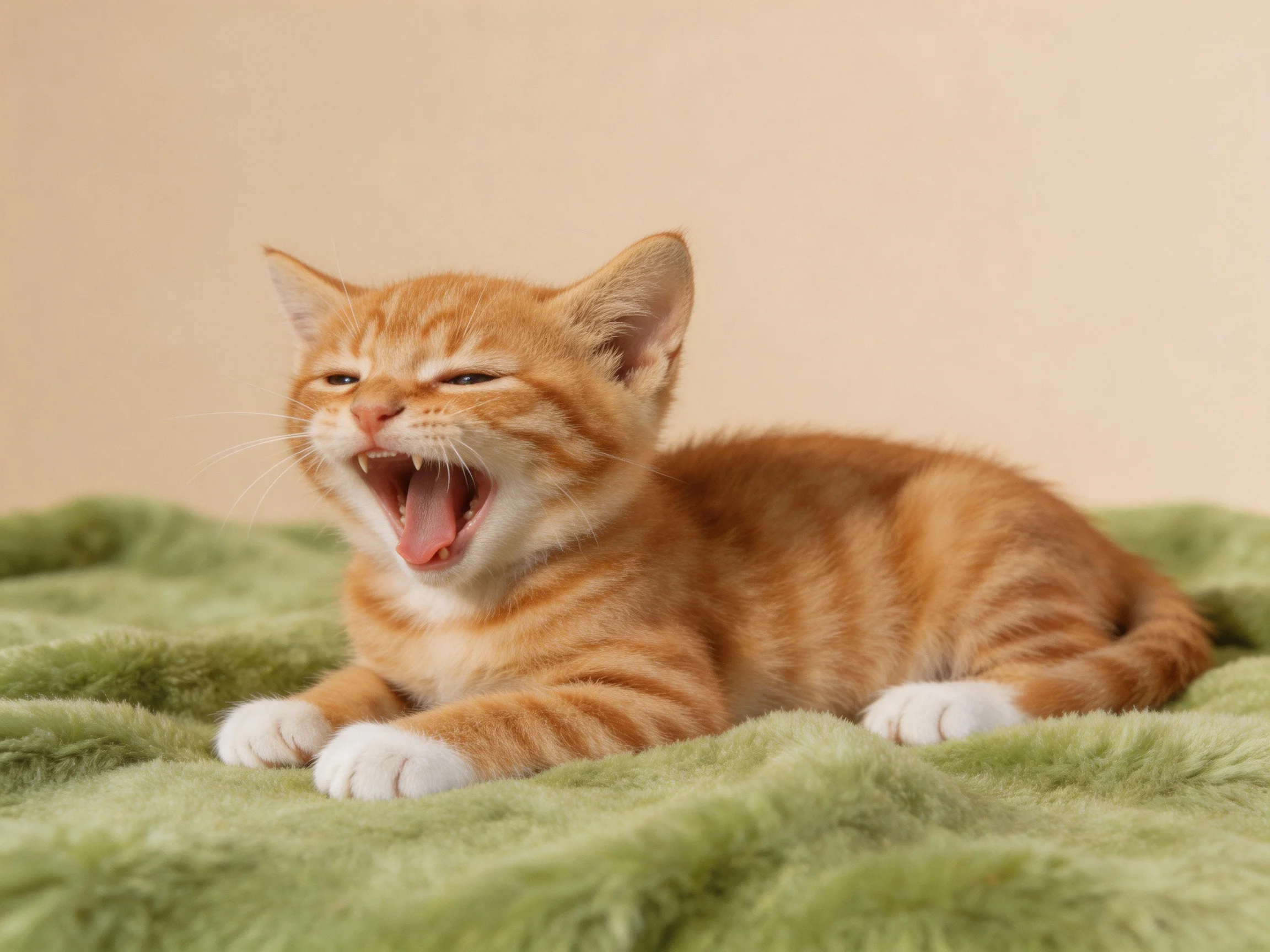 An orange tabby kitten yawning on a soft green blanket