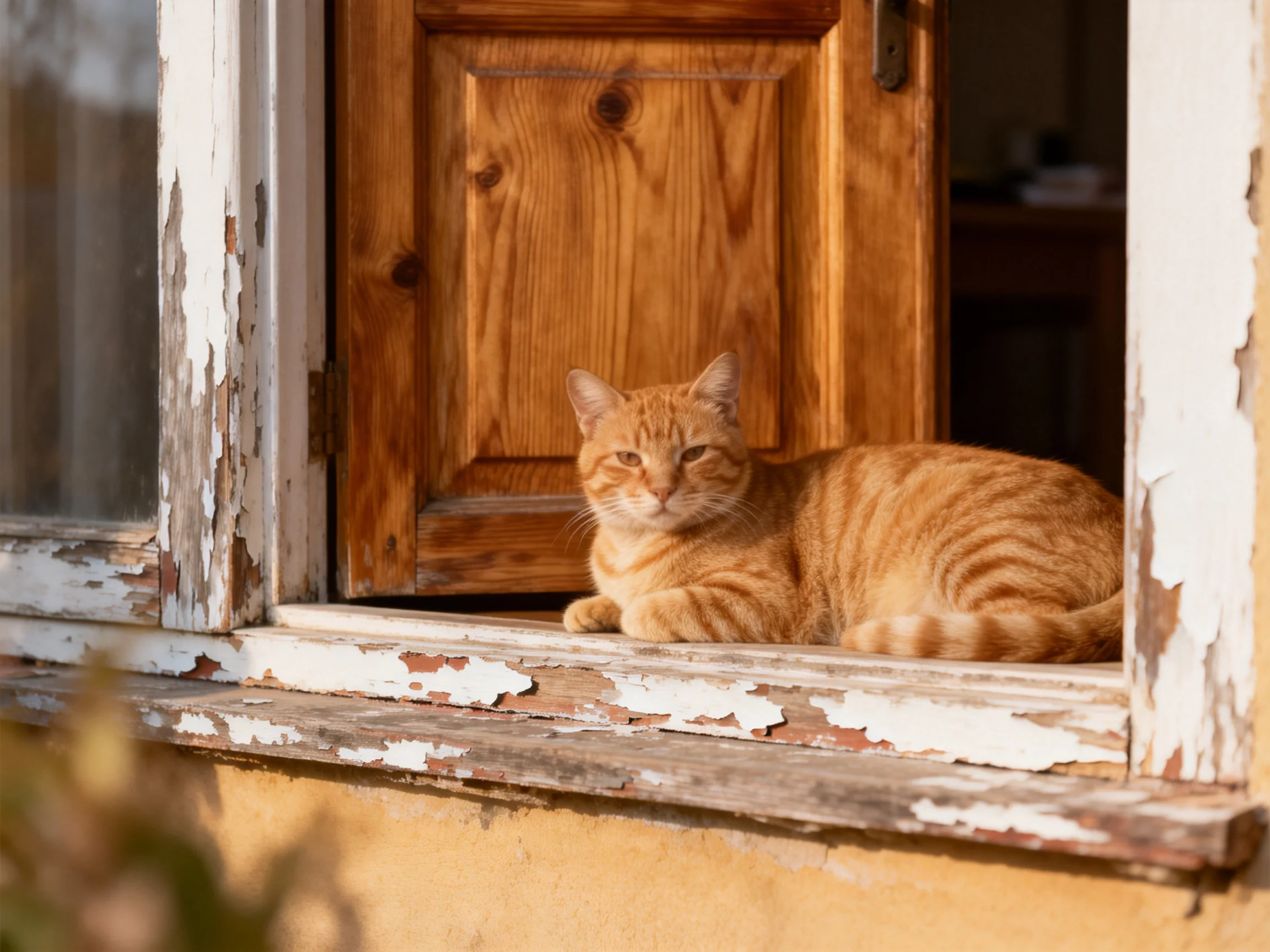 An orange tabby relaxes in a weathered window with peeling paint.