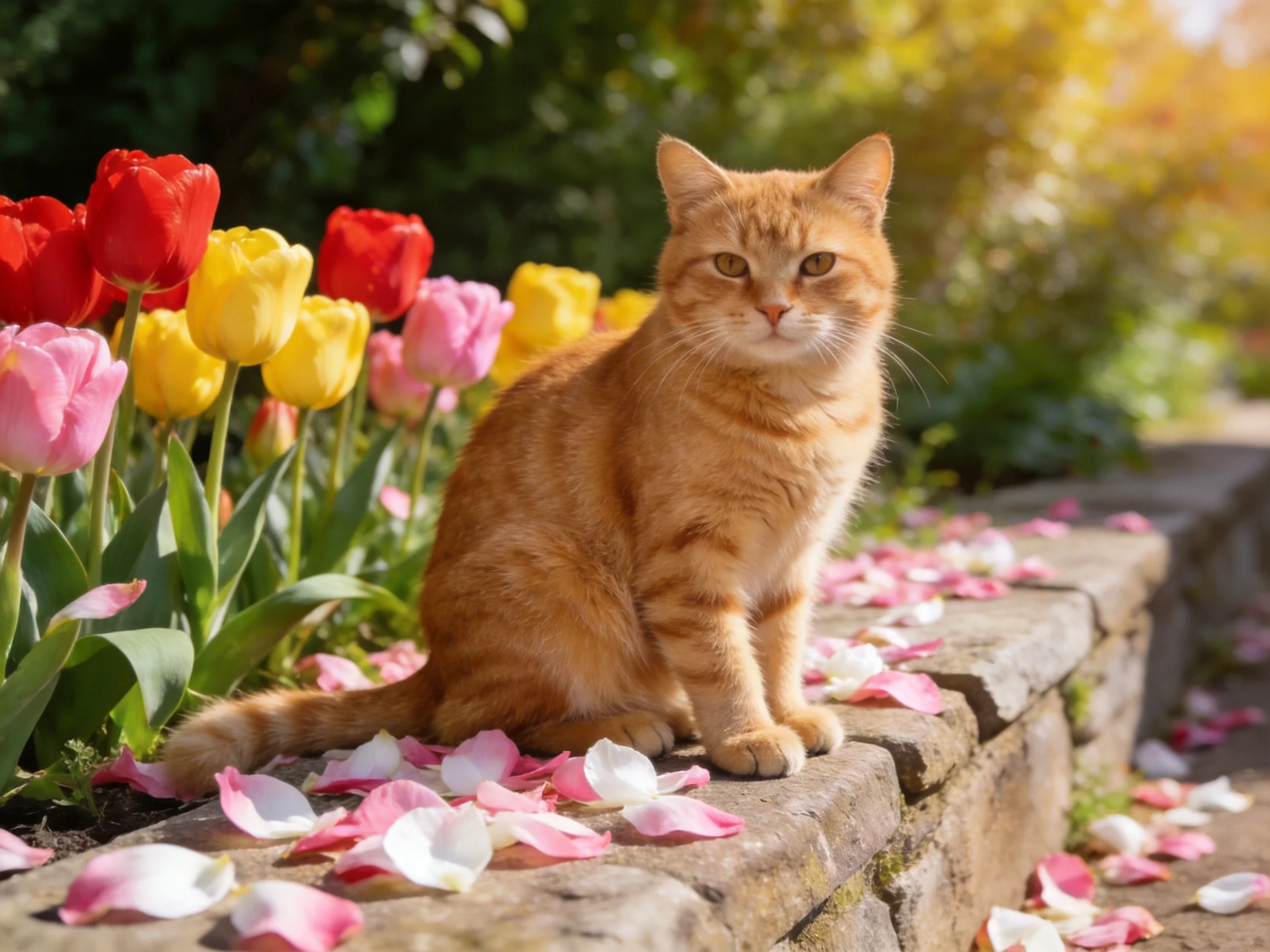 An orange tabby sits among vibrant tulips and scattered flower petals