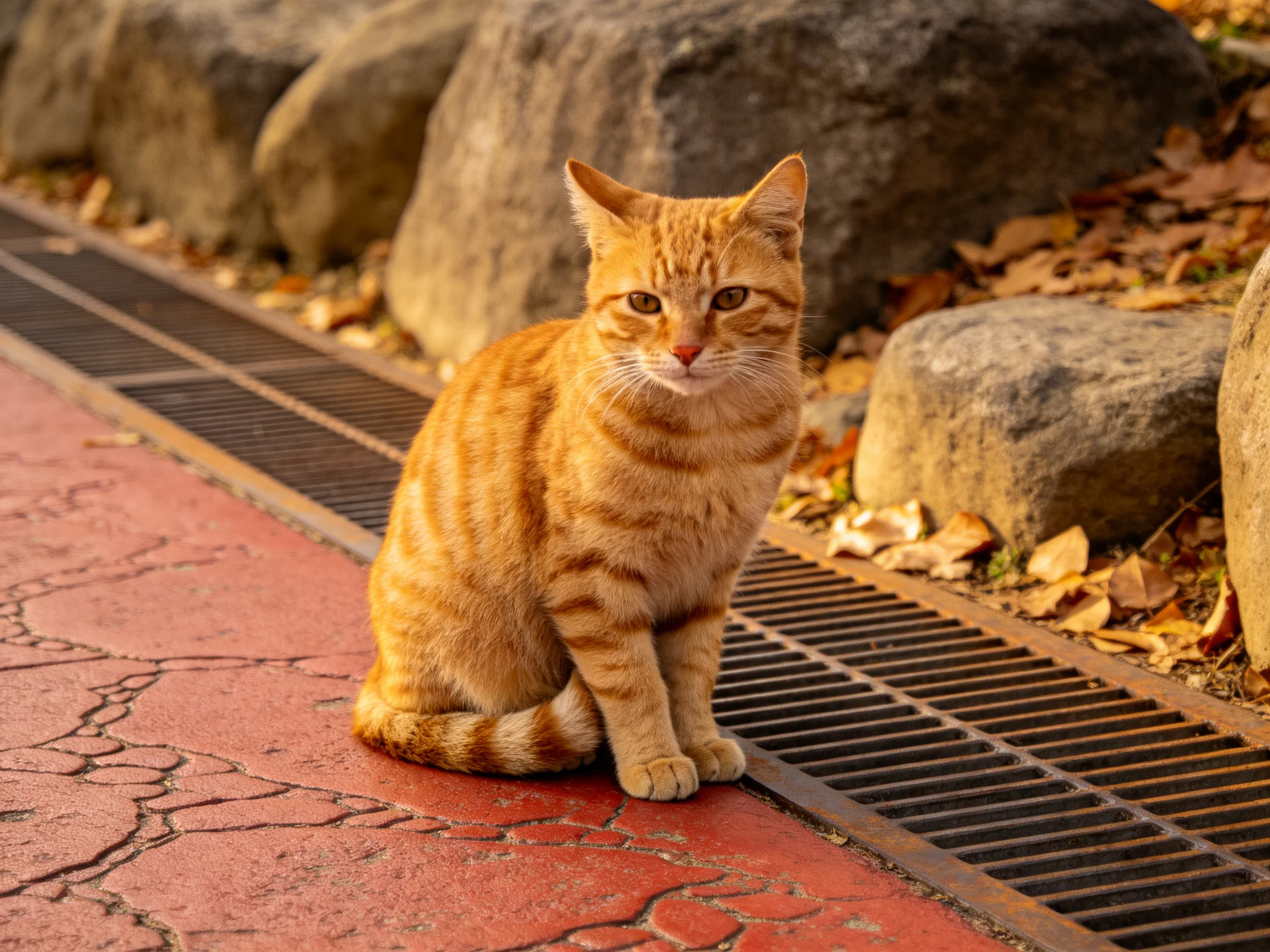 An orange tabby rests near large stones on cracked pavement in an outdoor area.