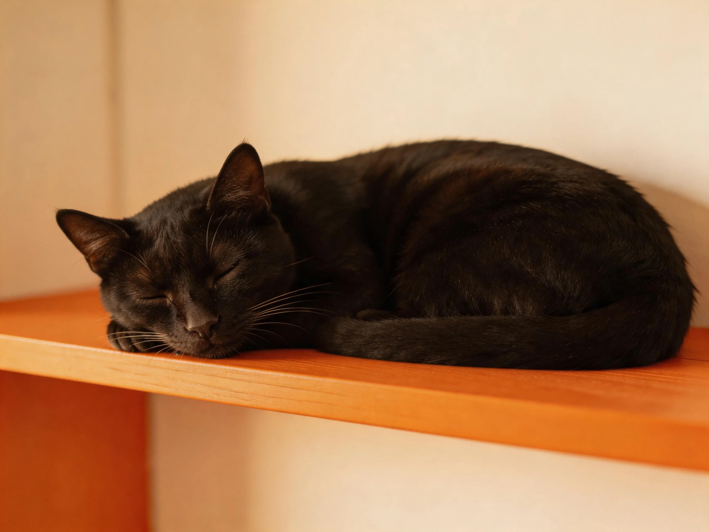 Asleek black cat curled up asleep on an orange wooden shelf