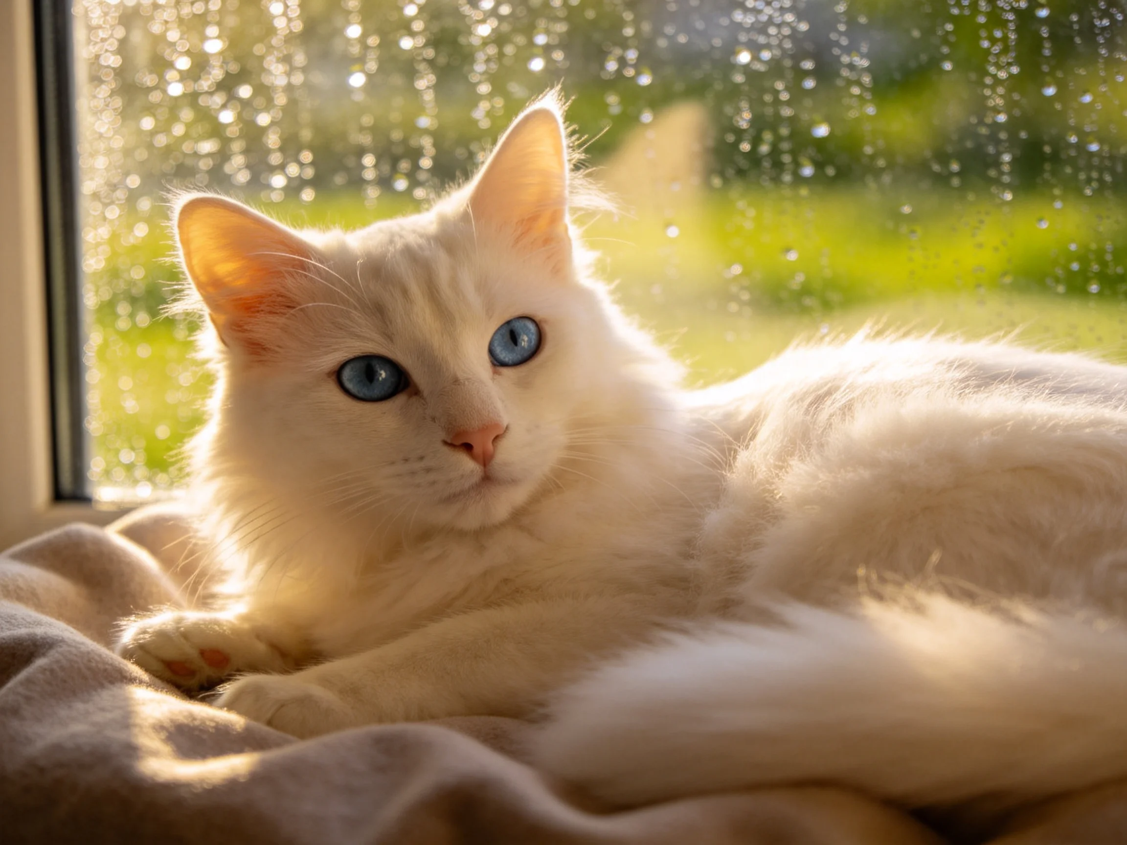 A white cat with blue eyes relaxes near a sunlit window with raindrops.