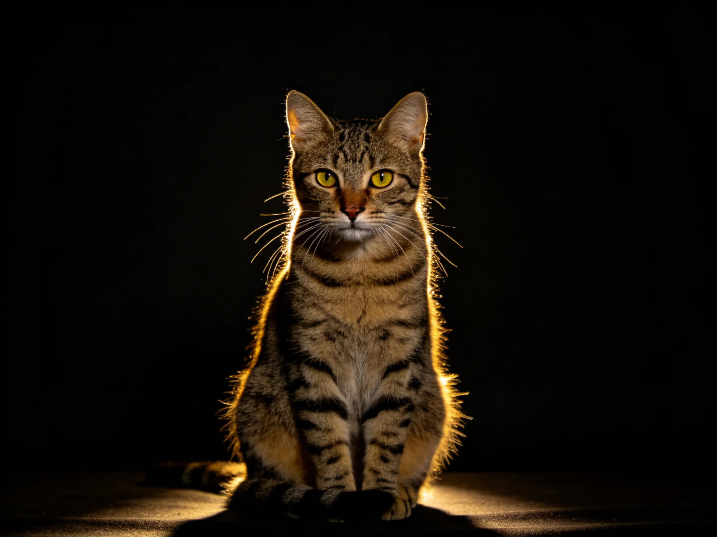 Backlit tabby cat with bright yellow eyes on dark backdrop