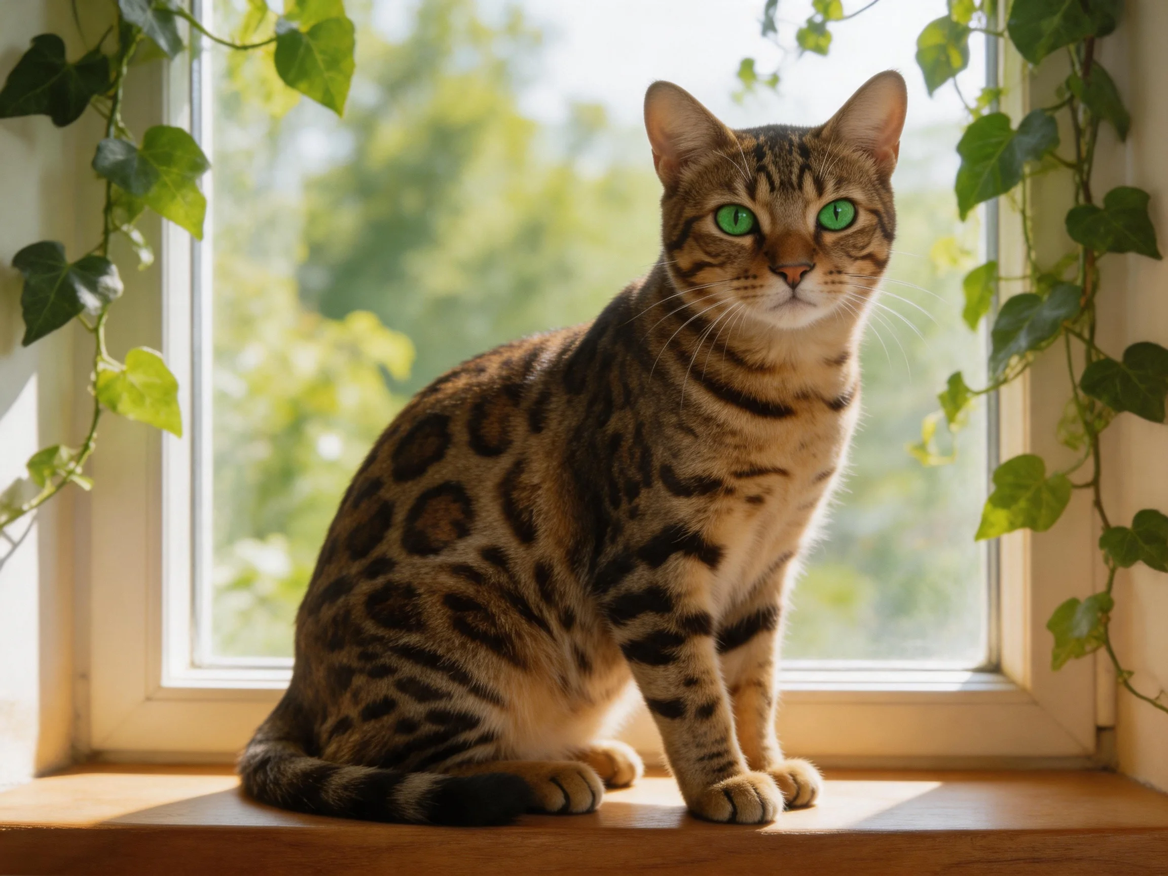 Bengal Cat with Bright Green Eyes on Sunlit Windowsill