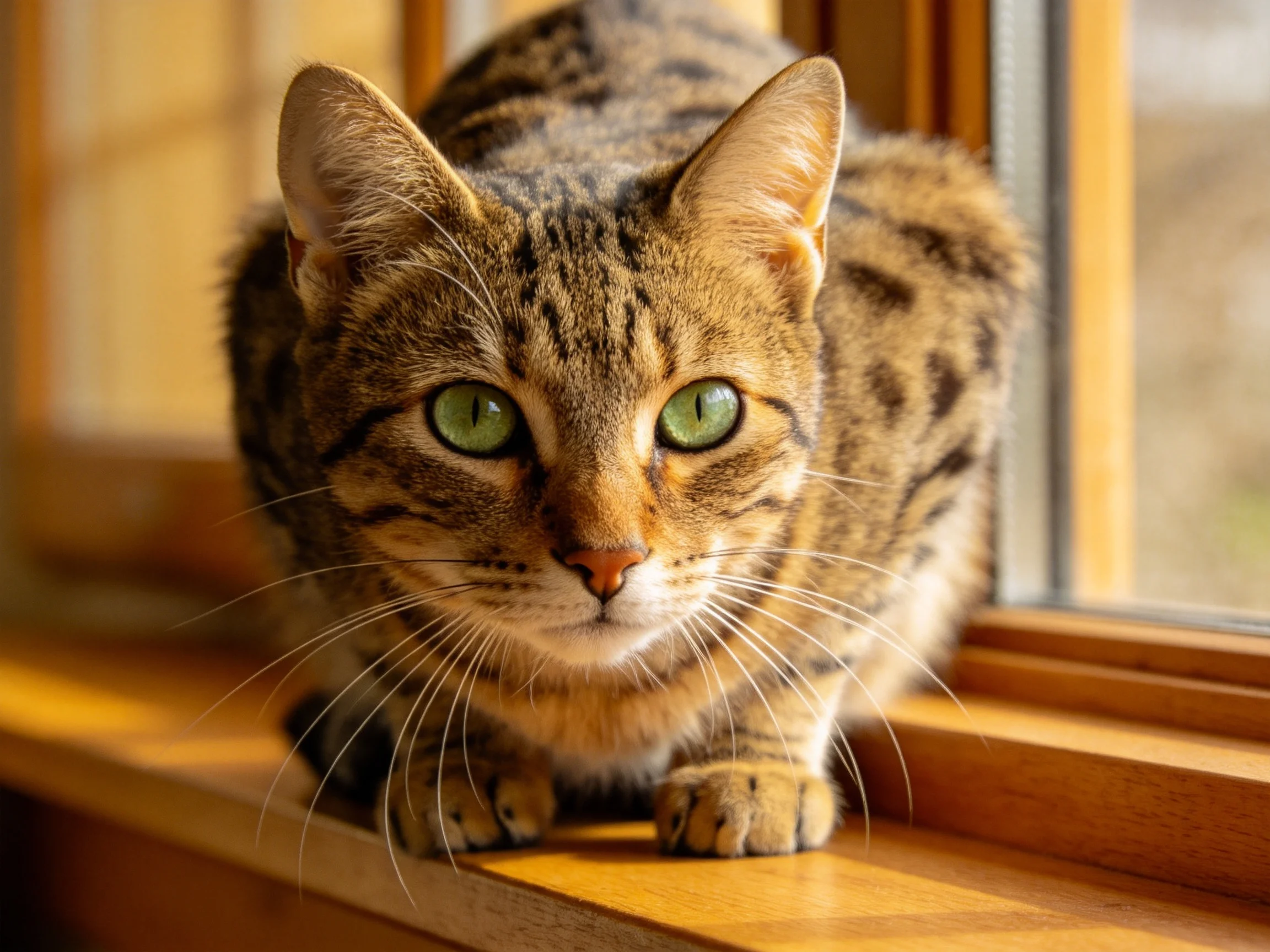 Bengal-patterned cat with green eyes rests on a wooden windowsill.