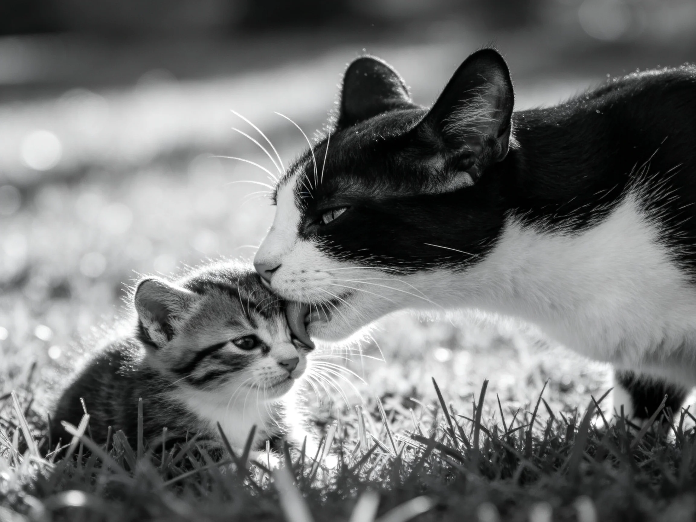 Black - and - white cat nuzzling tabby kitten on grass