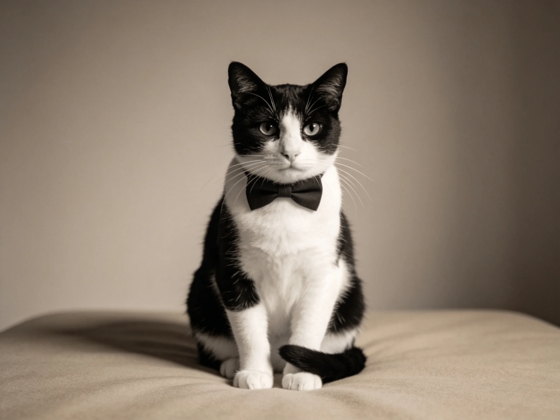 Black - and - white cat with bow tie seated on a beige cushion