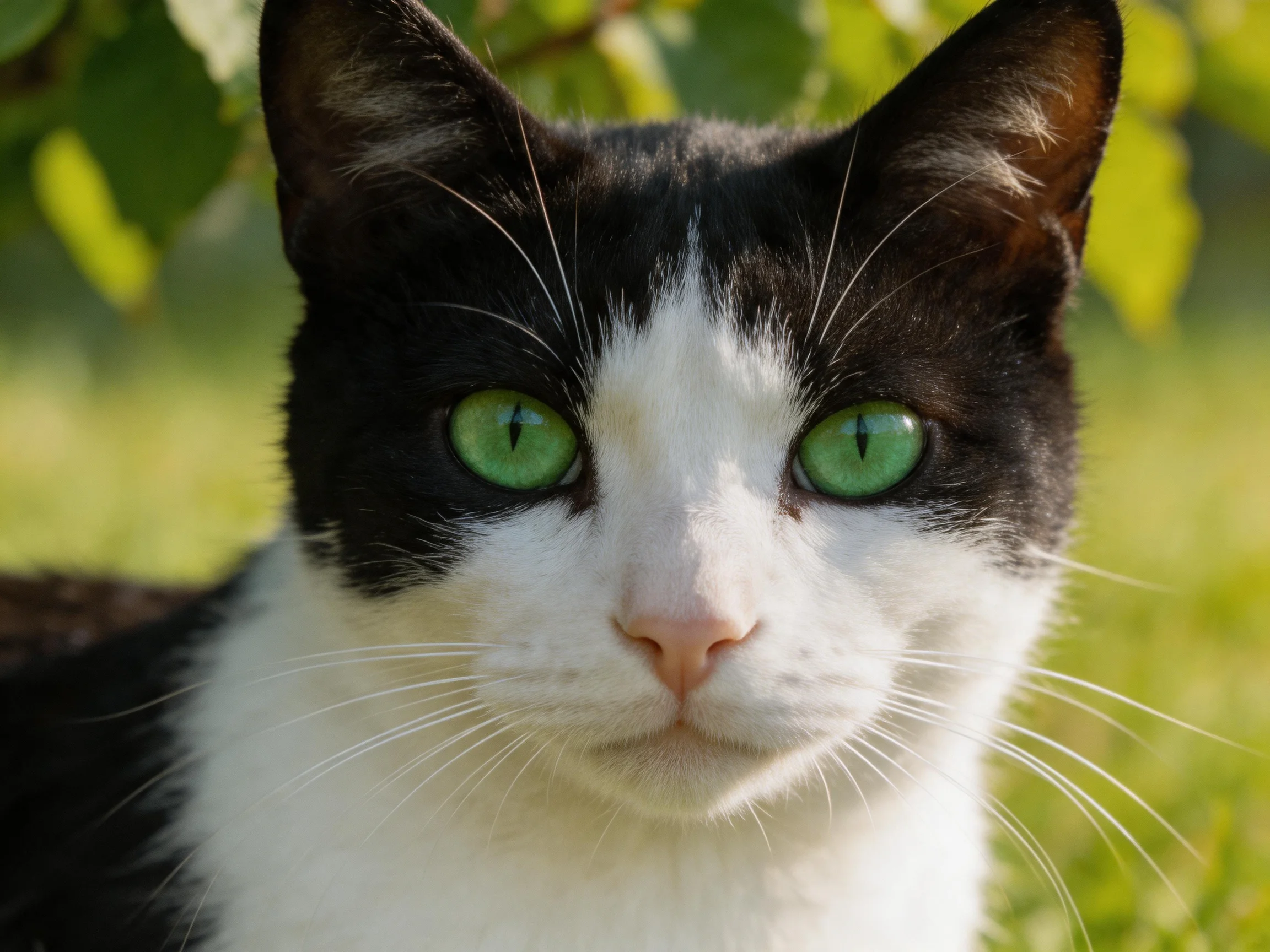 A black - and - white cat with bright green eyes is in a sunlit outdoor area.
