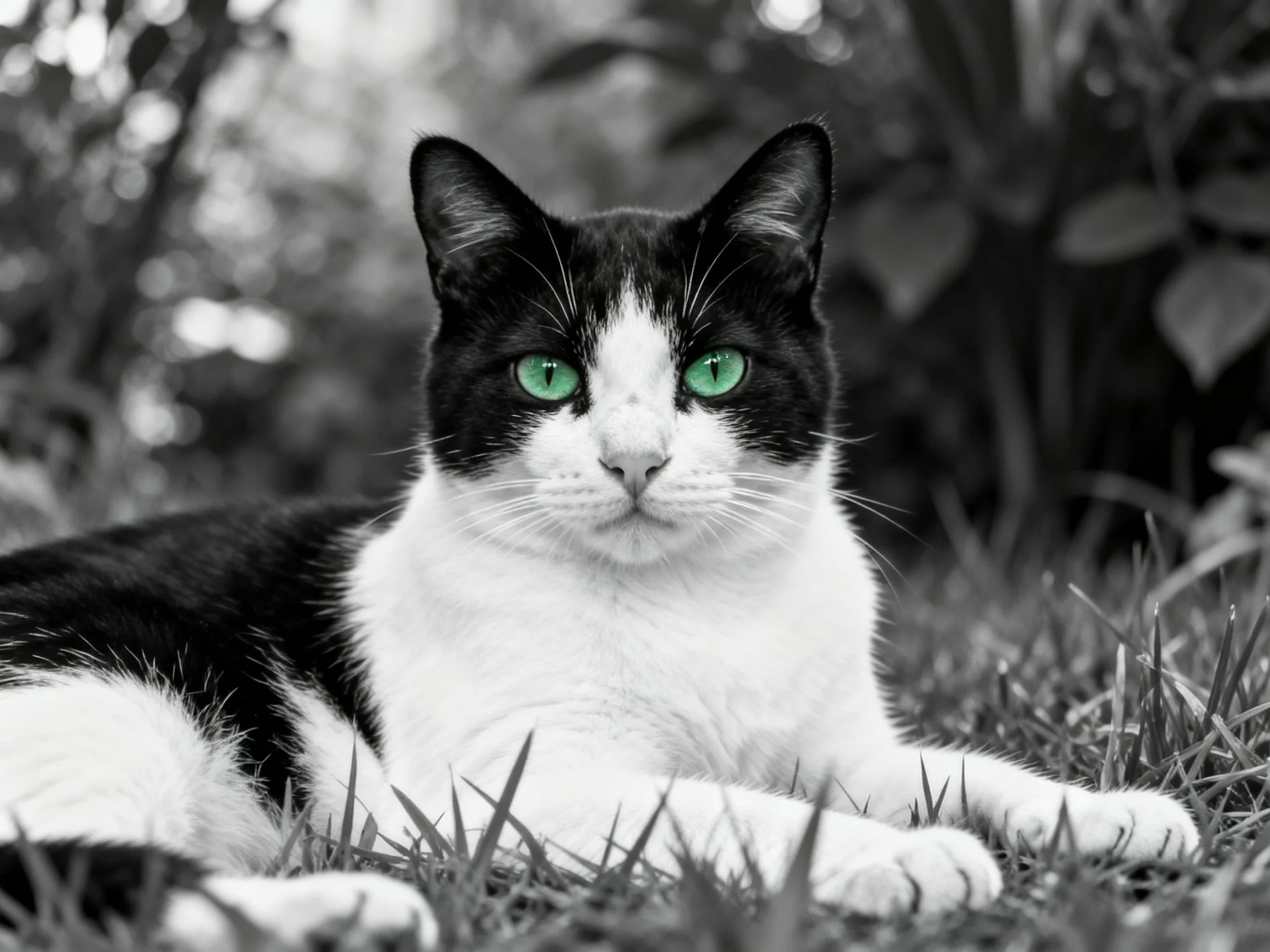 A black - and - white cat with green eyes relaxes on grass.