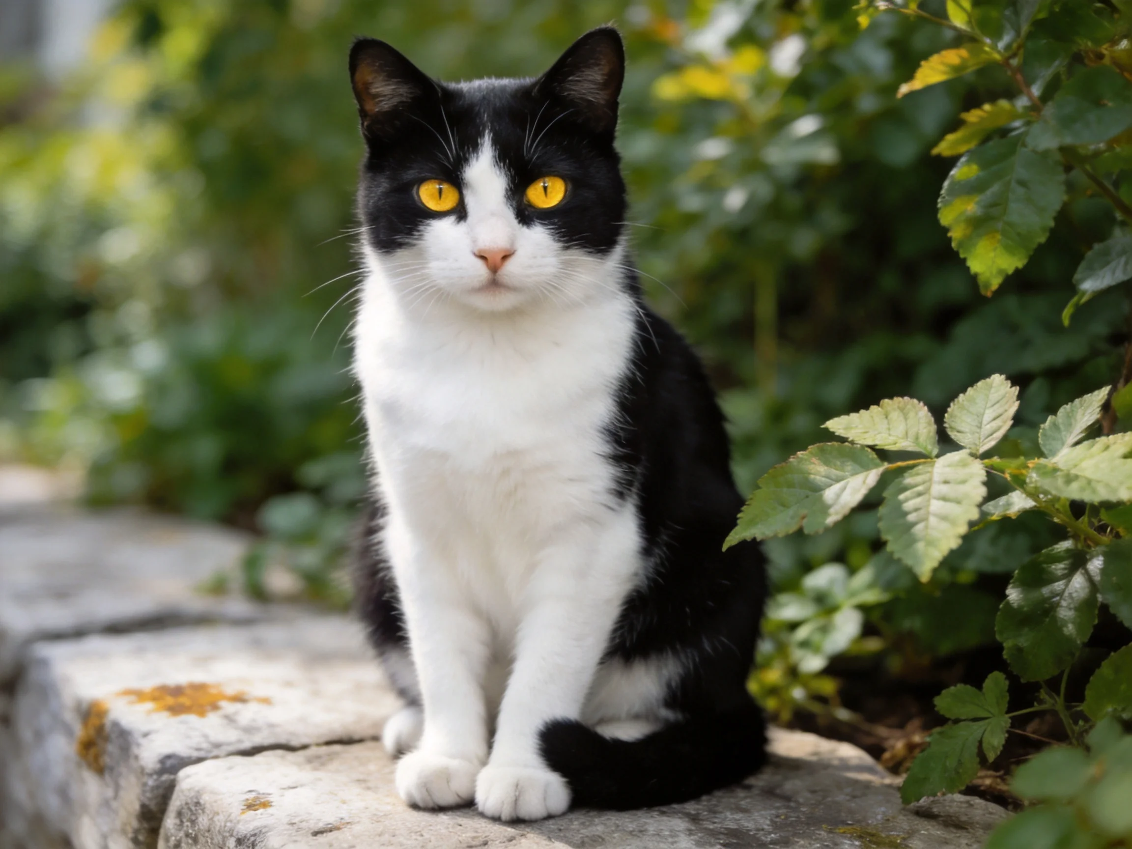 A black - and - white cat with bright yellow eyes sits on a stone ledge in a leafy outdoor area.