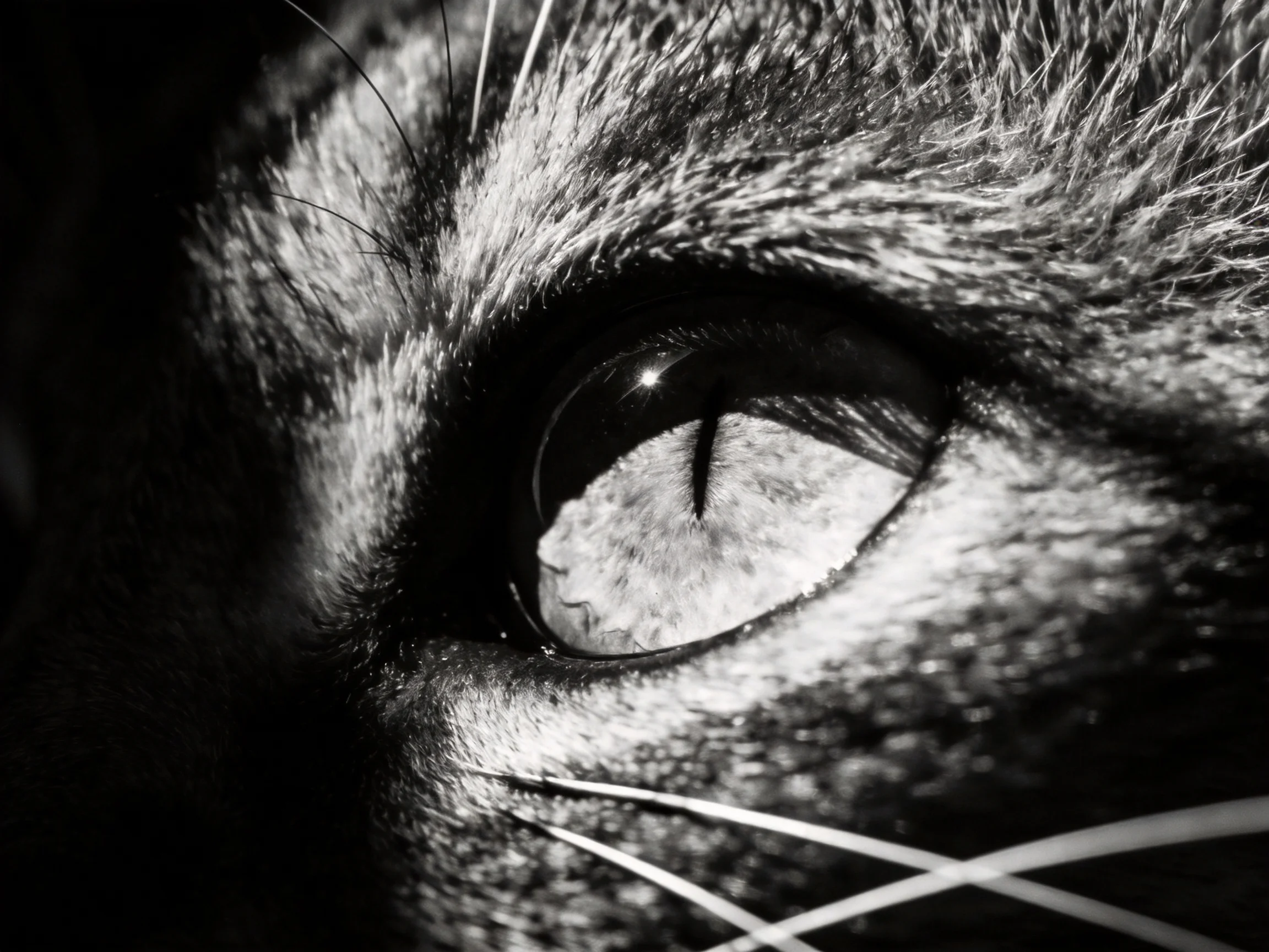 A black - and - white close - up centers on a cat’s eye amid textured fur