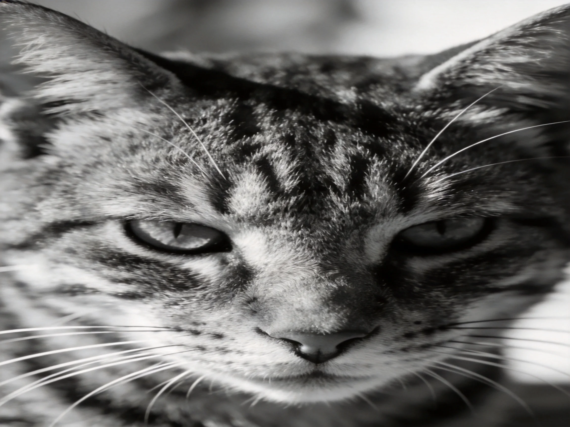 A black - and - white close - up focuses on a tabby cat’s facial characteristics.